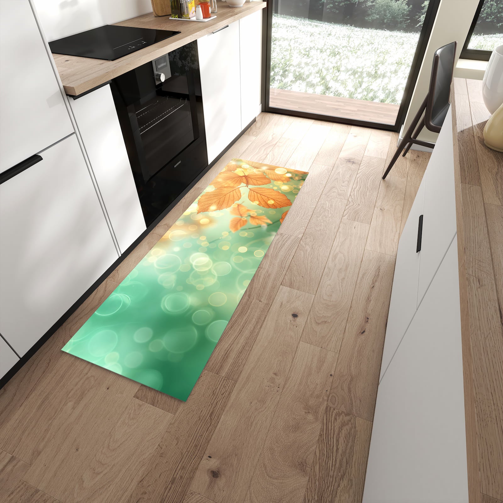 Flacher Küchenläufer mit Motiv Herbstliche Blätter in moderner Küche
