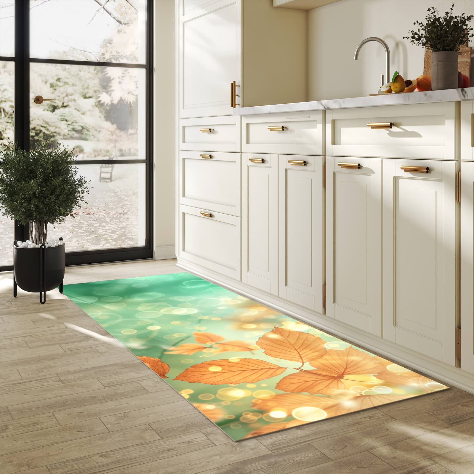 Farbbeständiger Küchenteppich mit Motiv Herbstliche Blätter in heller Küche