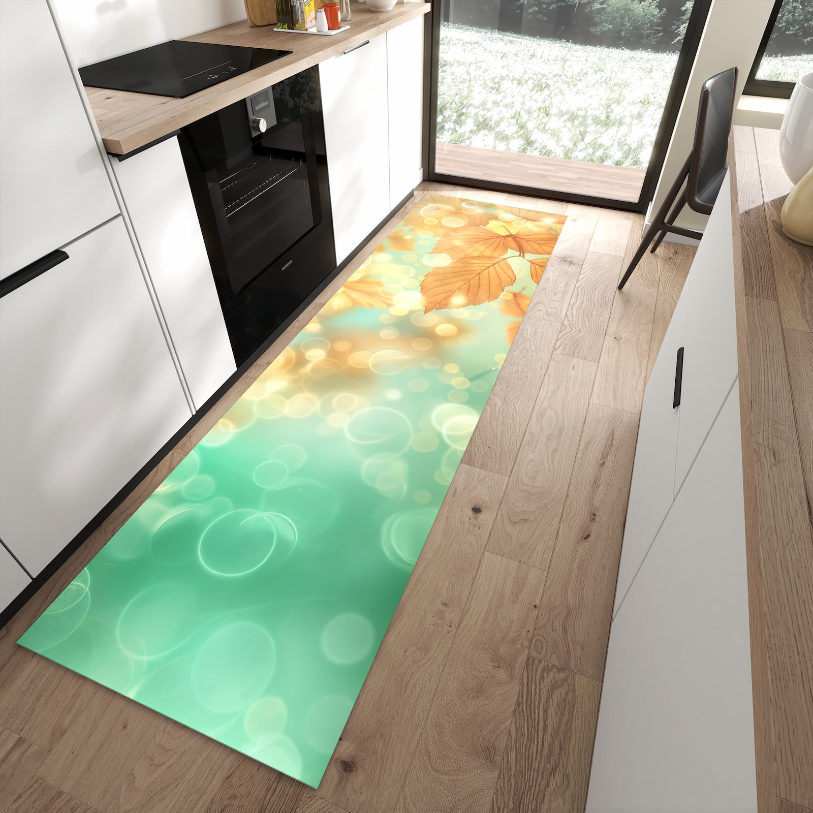Langlebiger waschbarer Küchenteppich mit Motiv Herbstliche Blätter in moderner Küche