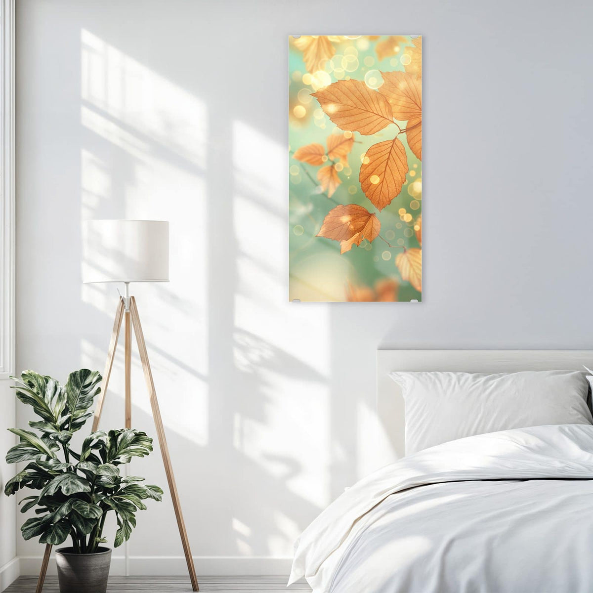 Glasbild Blätter vor Türkis an der Wand – goldbraune Herbstblätter vor mintgrün-türkisem Bokeh