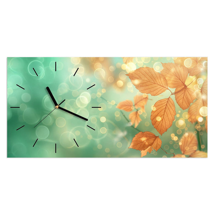 Wanduhr Herbstliche Blätter aus Glas – Querformat 60 × 30 cm mit Ziffernblatt Linie