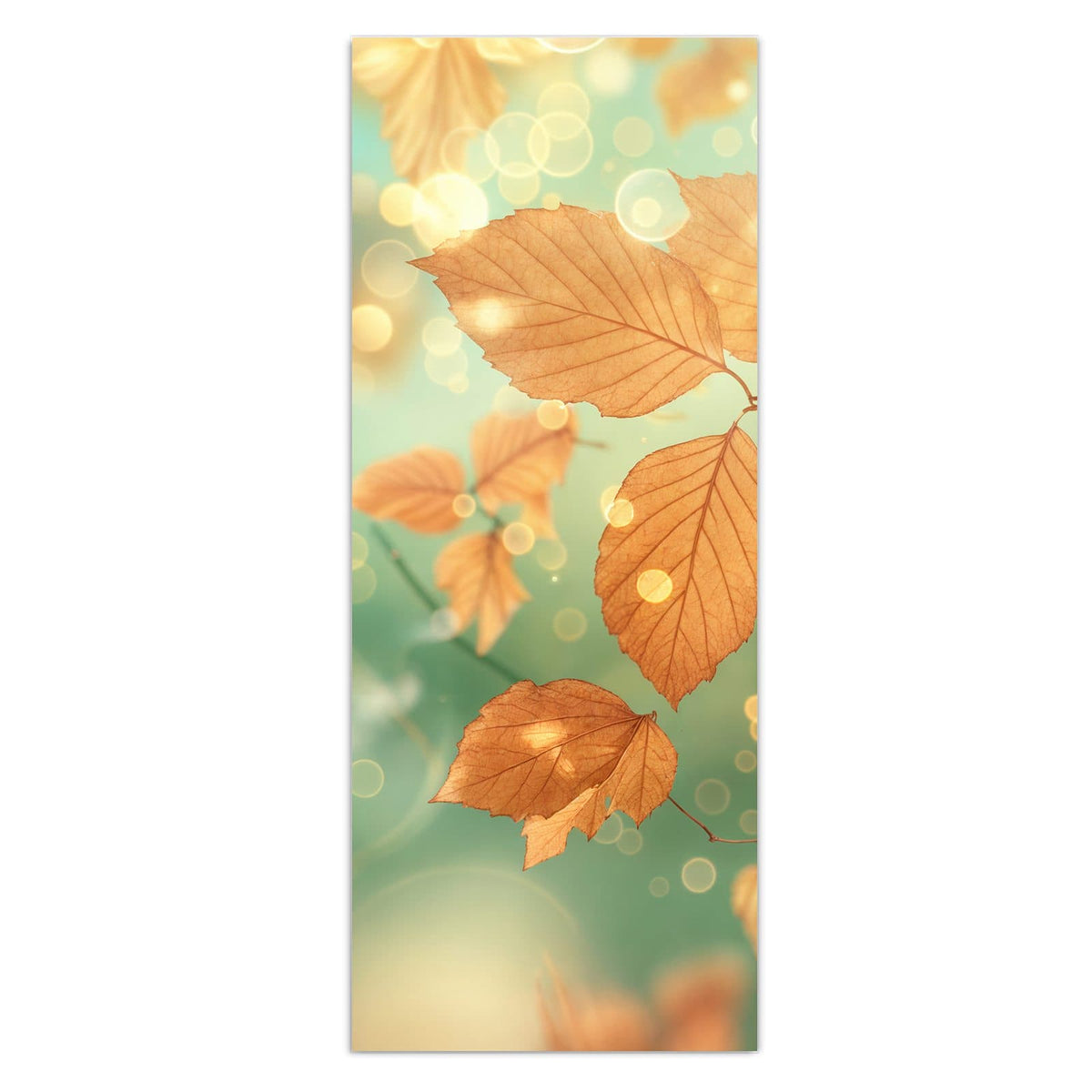 goldbraune Herbstblätter vor mintgrün-türkisem Bokeh
