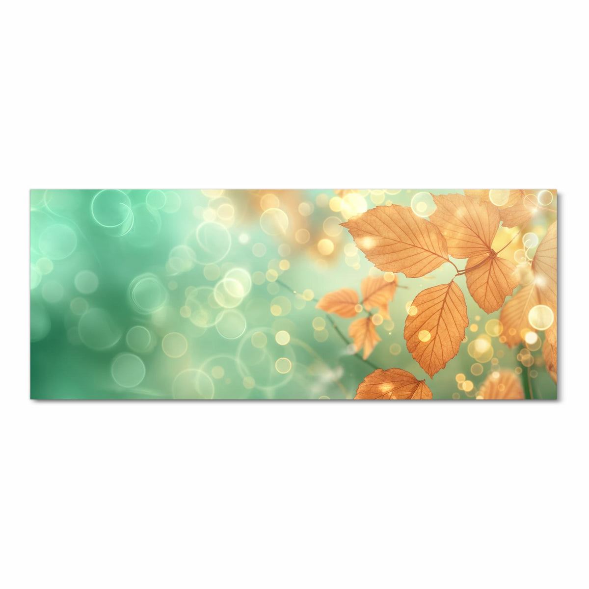 goldbraune Herbstblätter vor mintgrün-türkisem Bokeh