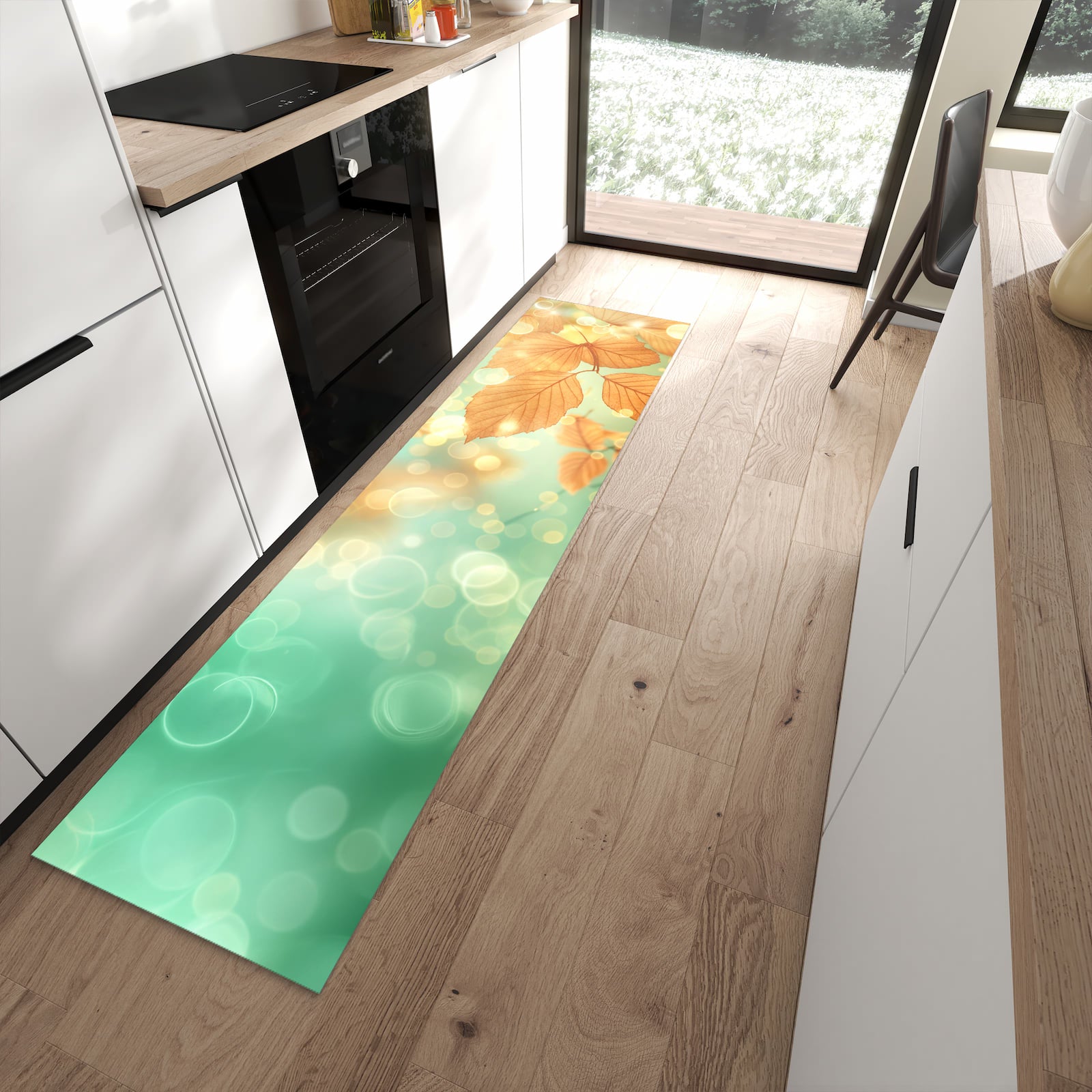 Rutschfester Küchenteppich mit Motiv Herbstliche Blätter in moderner Küche