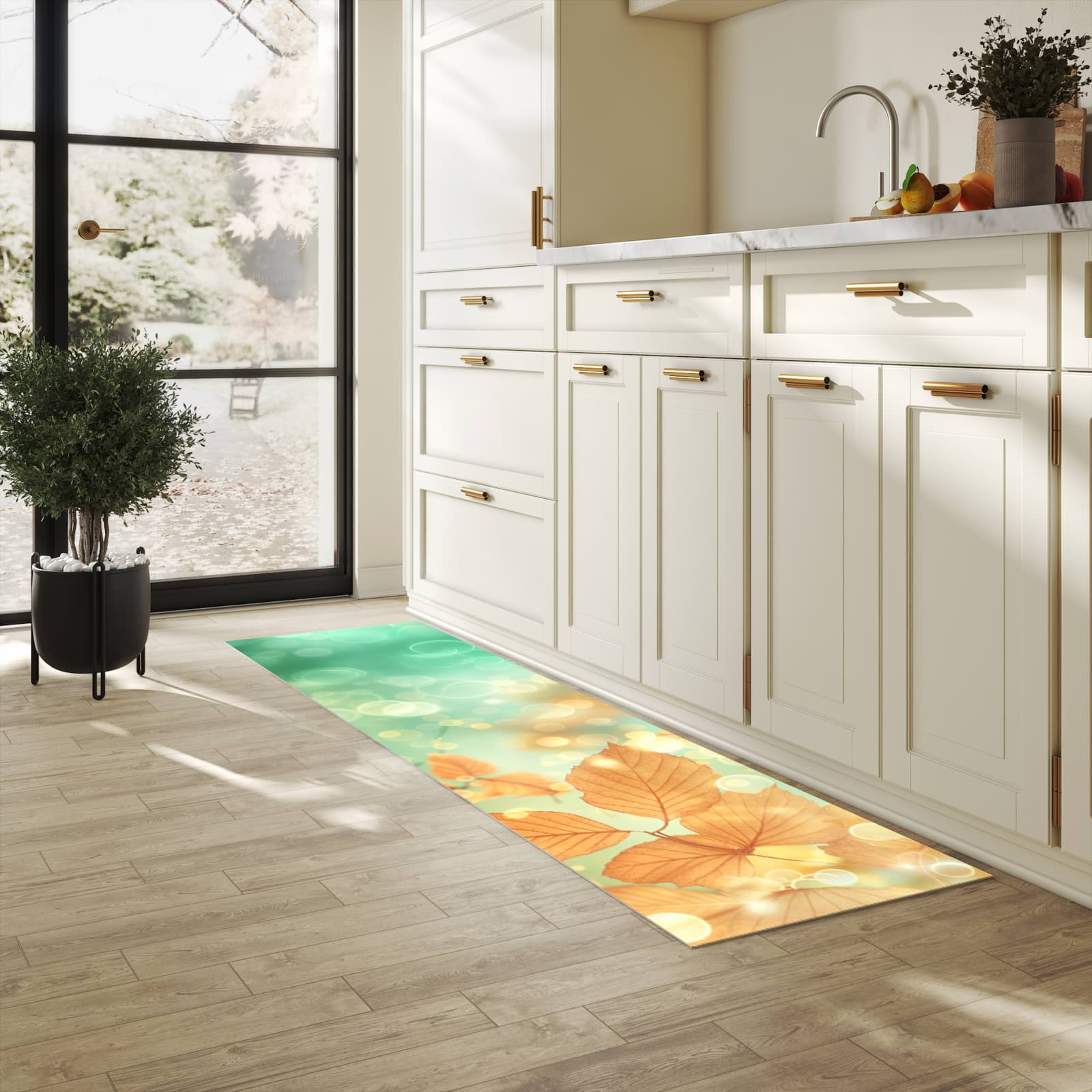 Hygienischer Teppich fürs Esszimmer mit Motiv Herbstliche Blätter in heller Küche