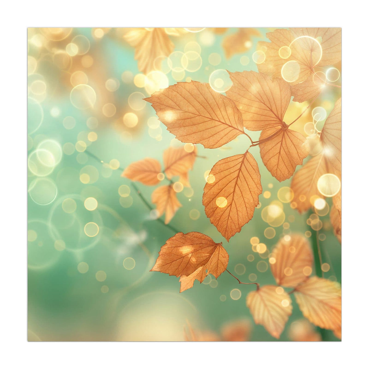 goldbraune Herbstblätter vor mintgrün-türkisem Bokeh