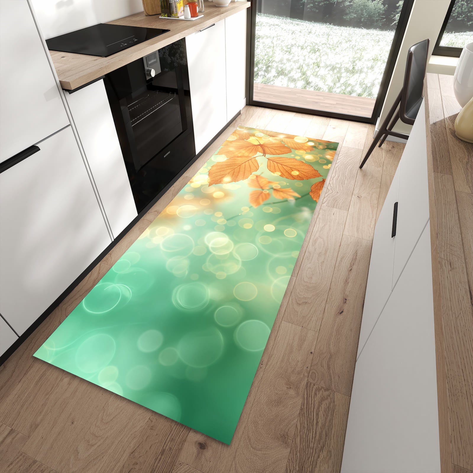Bodenschonender Küchenteppich mit Motiv Herbstliche Blätter in moderner Küche