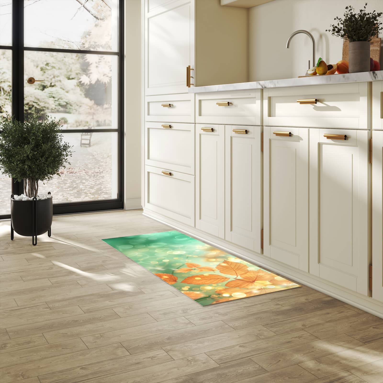 Rutschfester Küchenteppich mit Motiv Herbstliche Blätter in heller Küche, einfach zu reinigen
