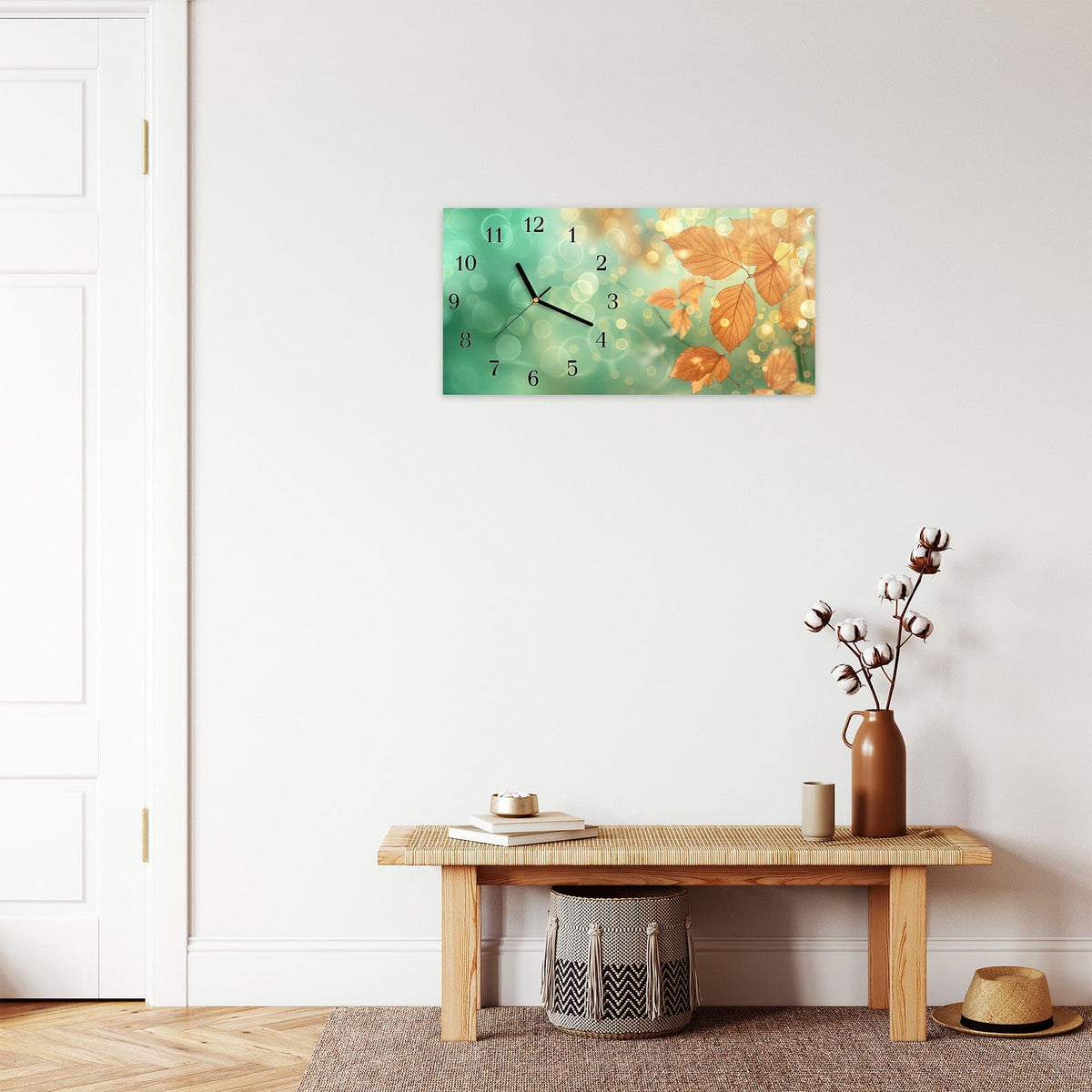 Moderne Wanduhr aus Glas mit Farbtiefe – Wanduhr Herbstliche Blätter aus Glas – Querformat 60 × 30 cm