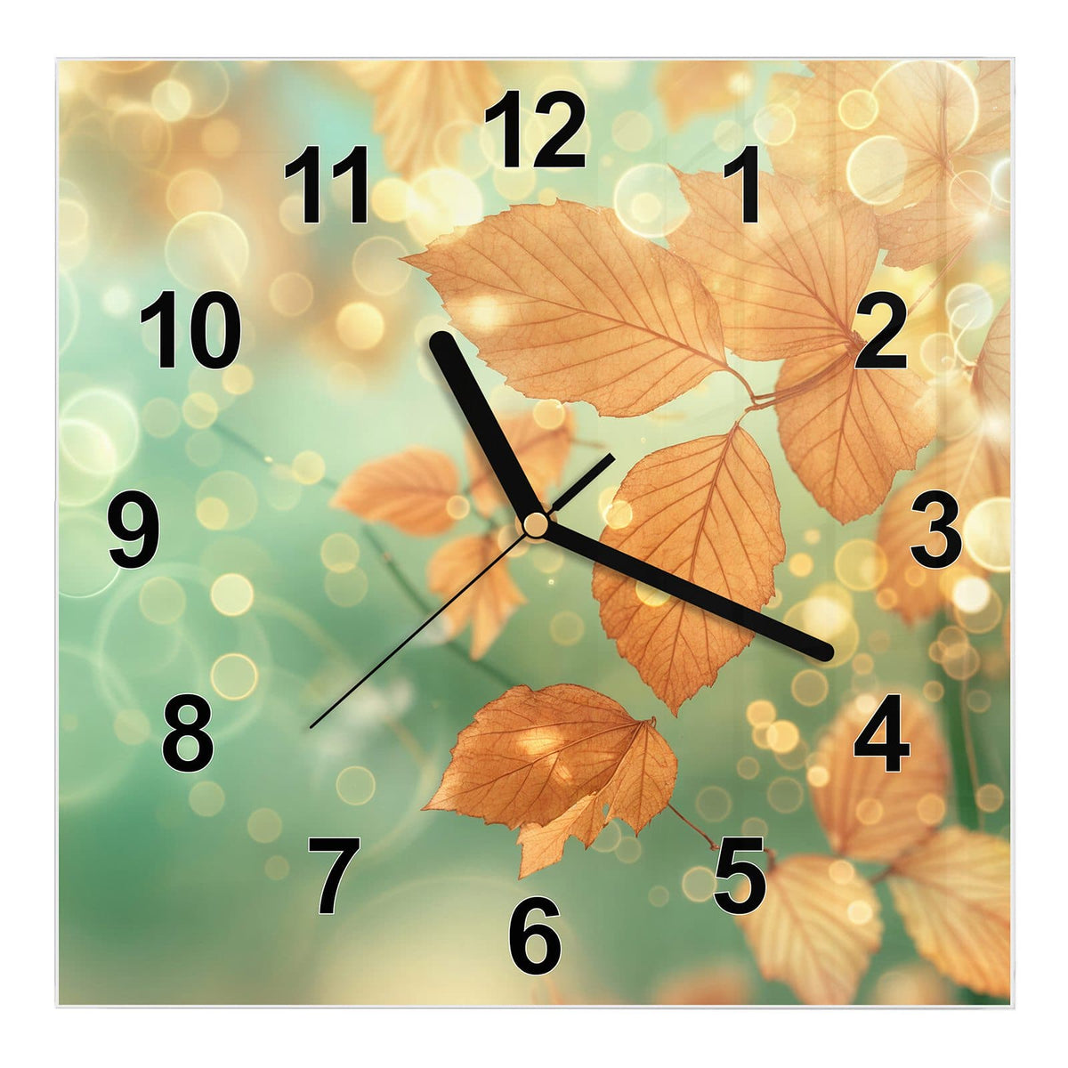 Wanduhr aus Glas, Ziffernblatt Modern mit Motiv Blätter vor Türkis: Goldbraune Herbstblätter vor mintgrün-türkisem Bokeh #ziffernblatt_Modern