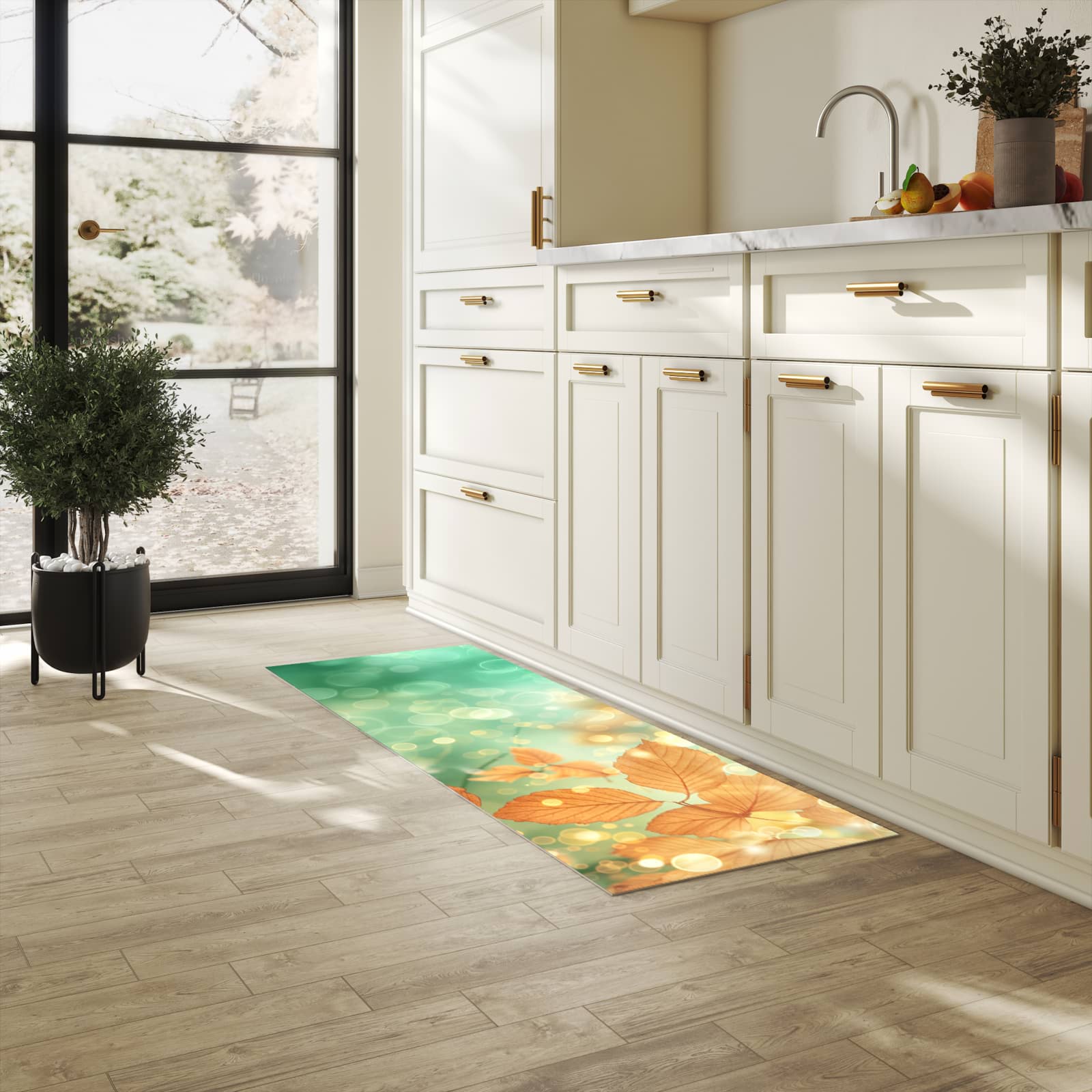 Dünner waschbarer Küchenteppich mit Motiv Herbstliche Blätter für angenehme Haptik in heller Küche