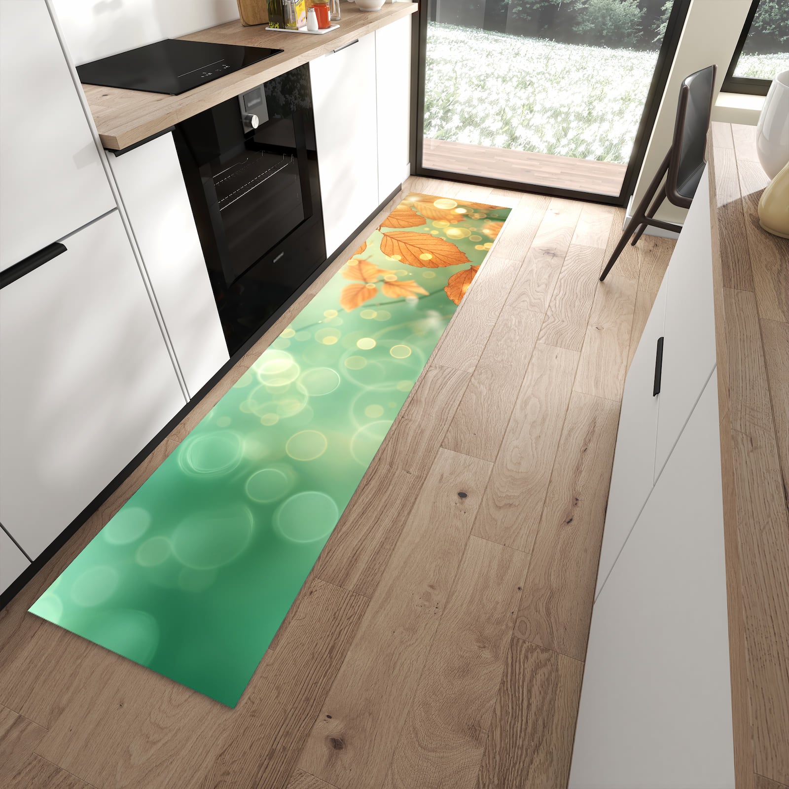 Waschbarer Küchenteppich mit Motiv Herbstliche Blätter in moderner Küche