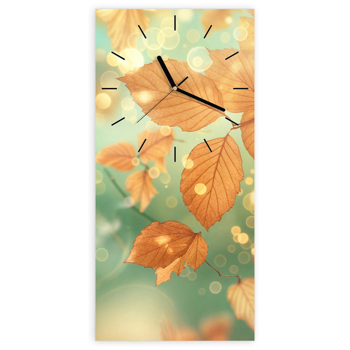 Wanduhr Herbstliche Blätter aus Glas – Hochformat 30 × 60 cm mit Ziffernblatt Linie