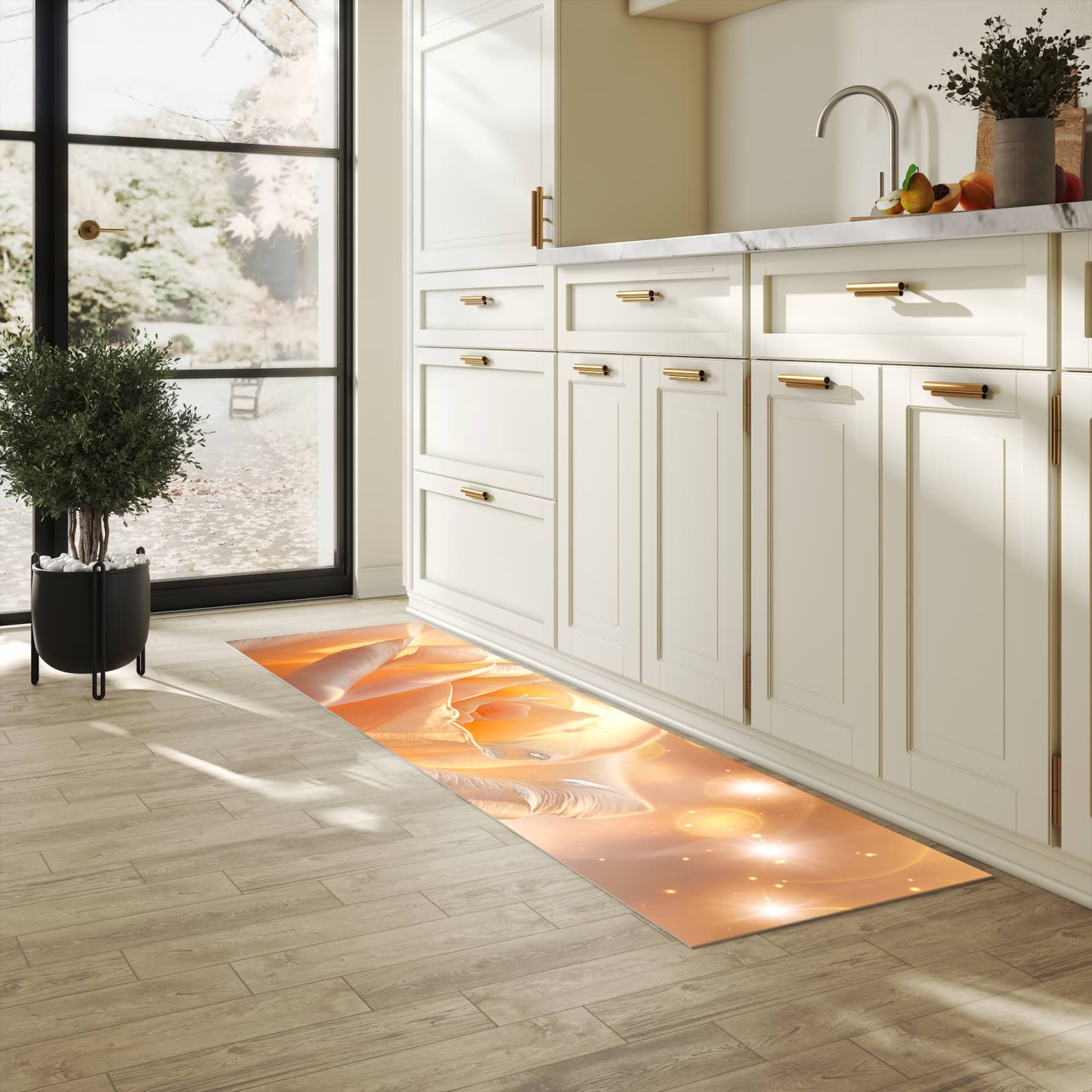 UV-beständiger Küchenvorleger mit Motiv Leuchtende Blüte in heller Küche