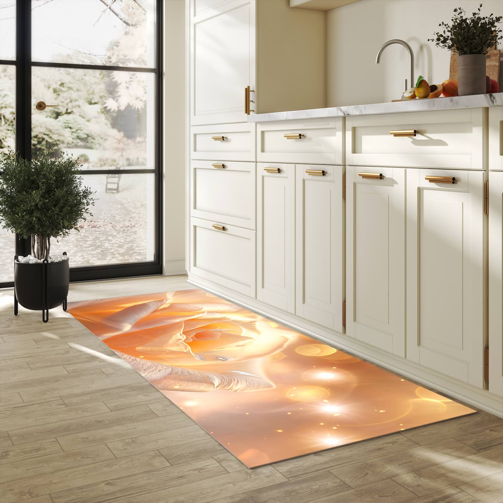 Komfortabler Läufer mit Motiv Leuchtende Blüte in heller Küche für rutschfesten Stand