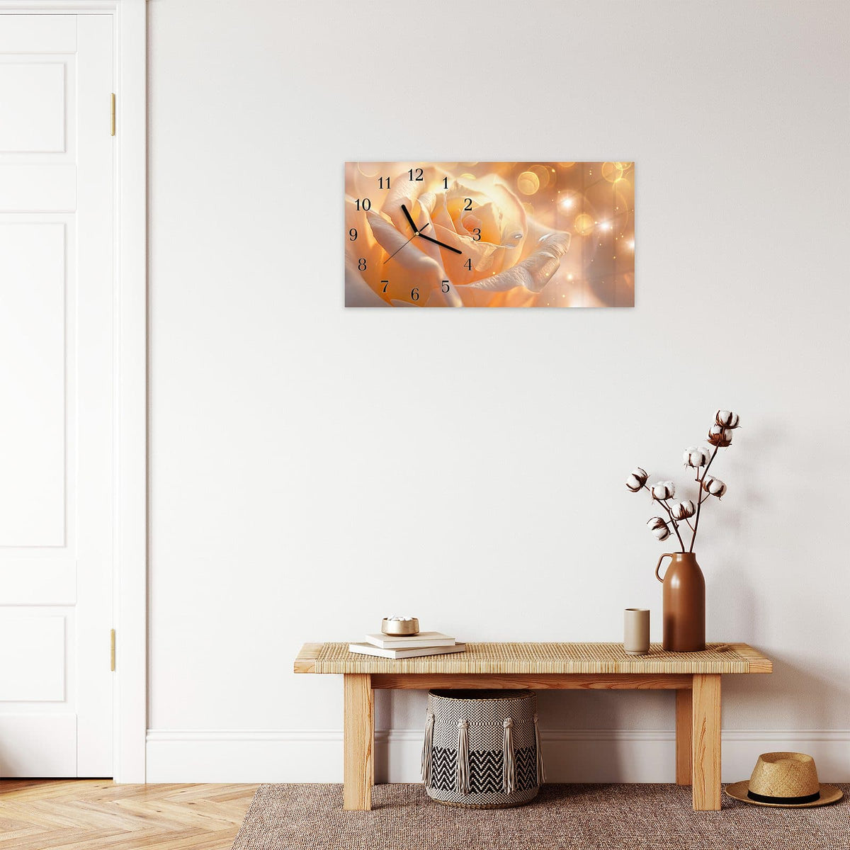 Moderne Wanduhr aus Glas mit Farbtiefe – Wanduhr Leuchtende Blüte aus Glas – Querformat 60 × 30 cm