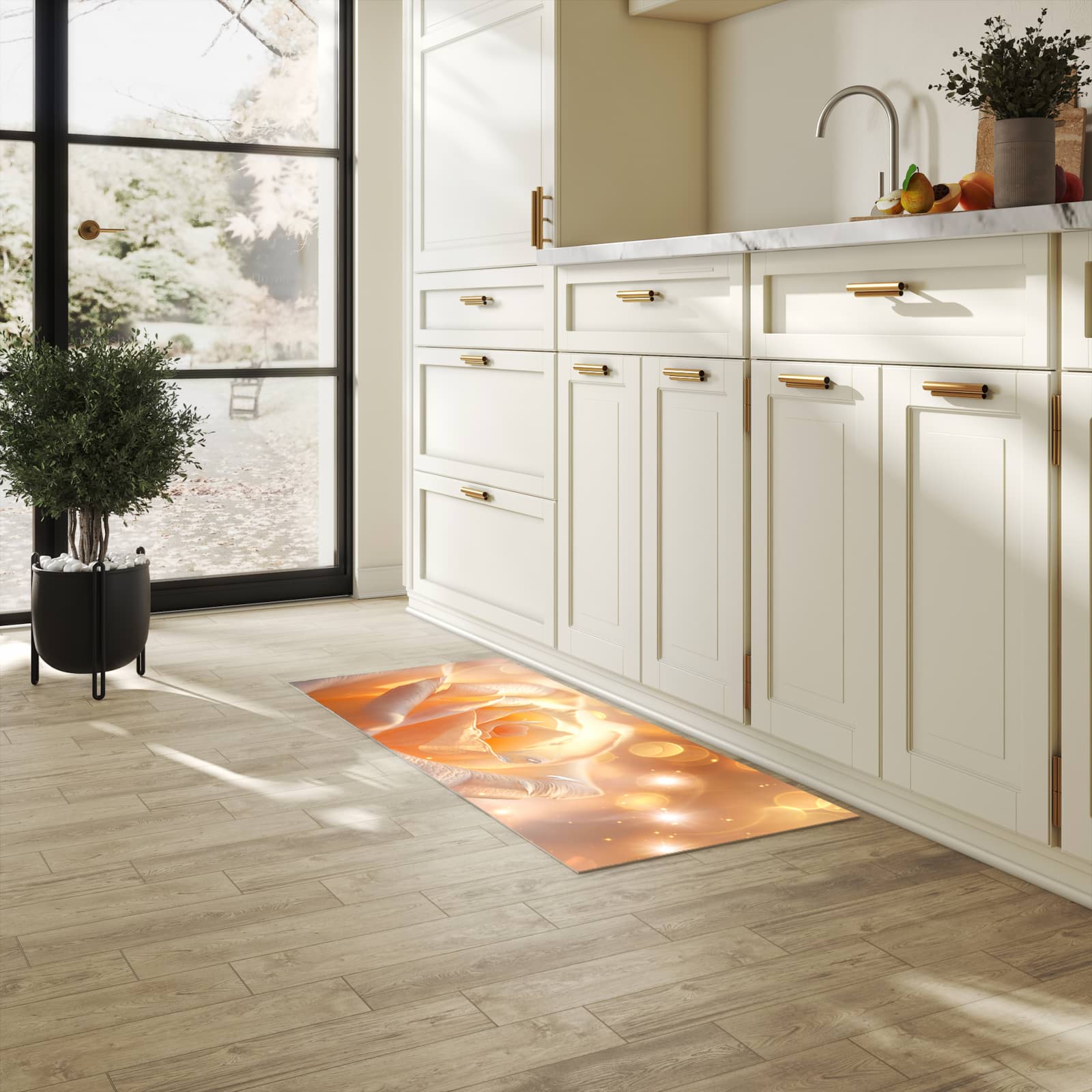 Geräuschdämpfender Küchenläufer mit Motiv Leuchtende Blüte in heller Küche