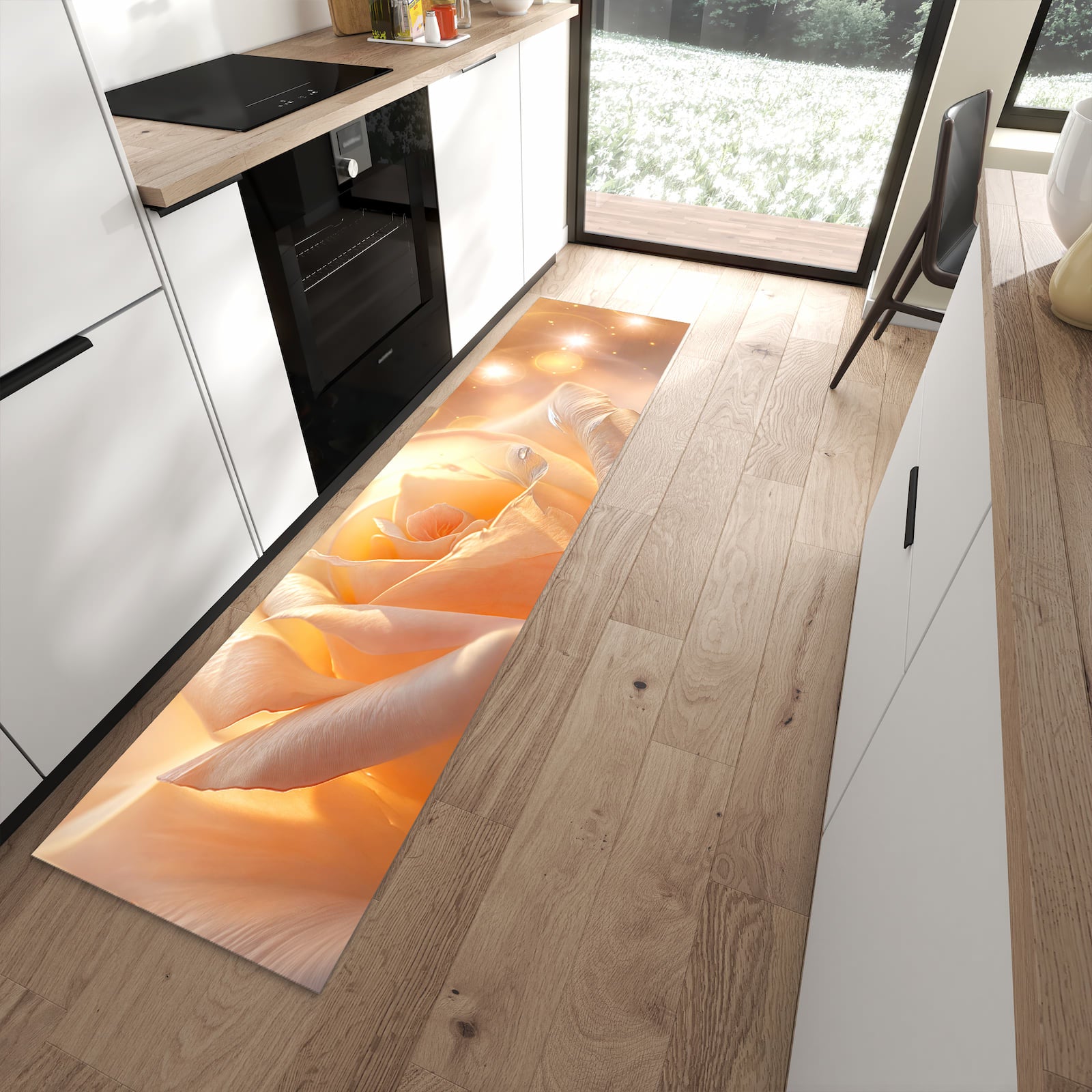 Formstabiler Küchenläufer mit Motiv Leuchtende Blüte in moderner Küche