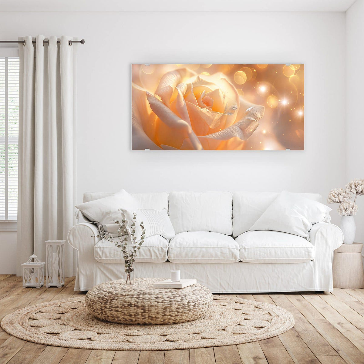 Wandbild - Apricotfarbene Rose - Querformat – Zarte Rose im Lichterglanz