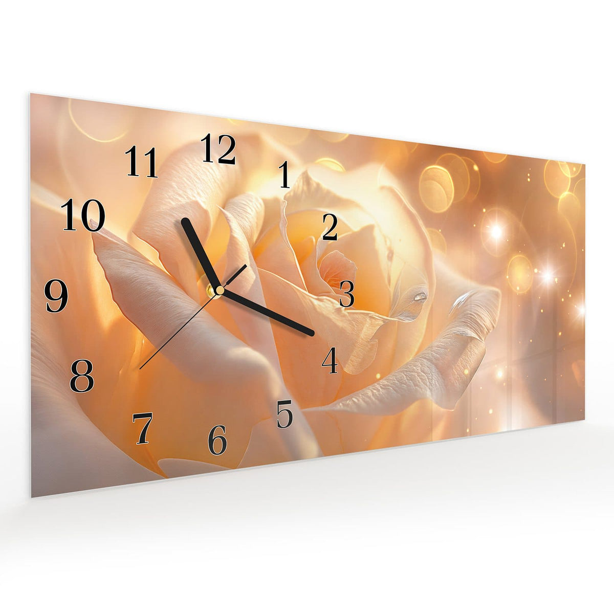 Vormontiert – mit Schwebeeffekt – Wanduhr Leuchtende Blüte aus Glas – Querformat 60 × 30 cm
