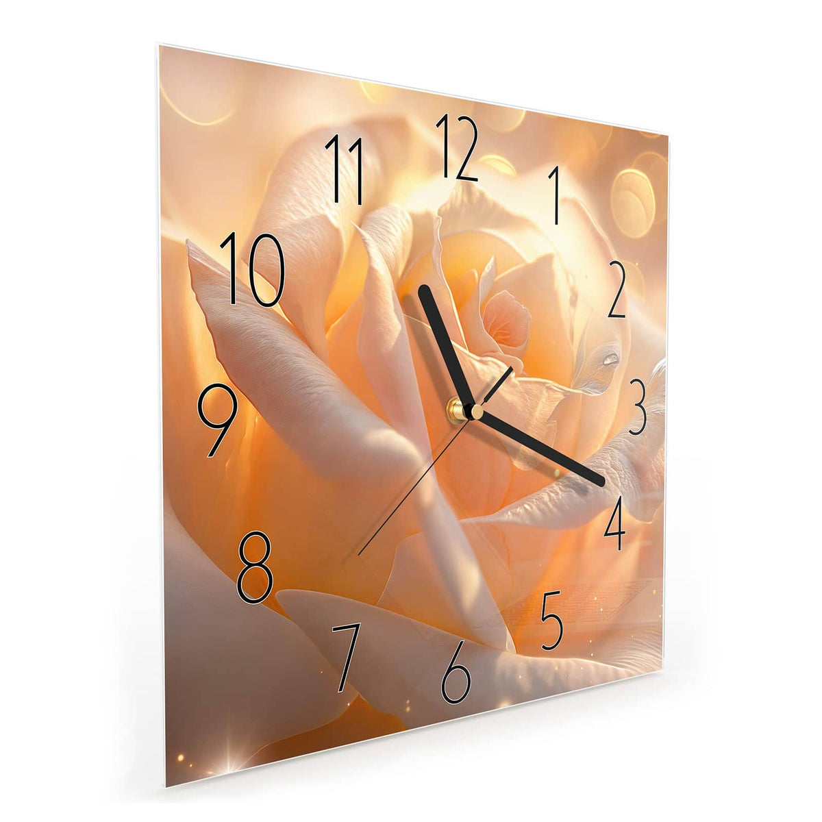 Quadratische Wanduhr aus Glas Apricotfarbene Rose schräg von der Seite, 4 mm starkes Glas
