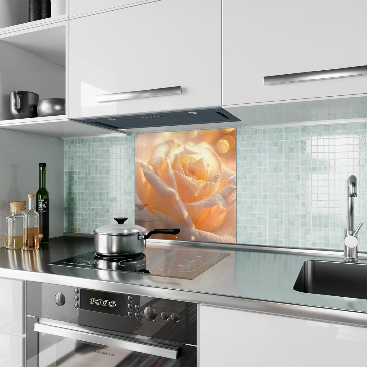 Küchenrückwand aus Glas Apricotfarbene Rose im quadratischen Format als Spritzschutz hinter dem Kochfeld, über dem Fliesenspiegel montiert