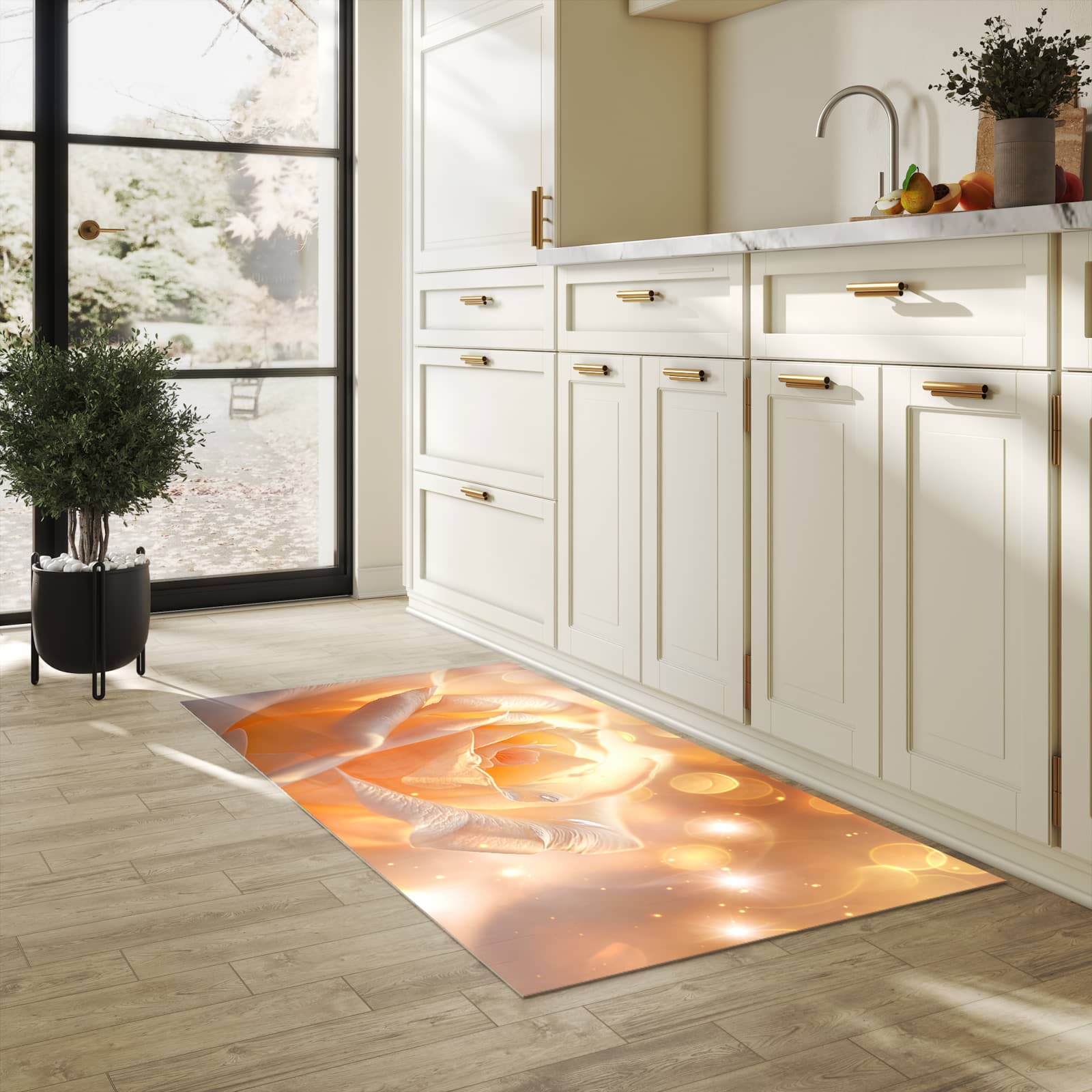 Pflegeleichter Läufer für Eingangsbereich mit Motiv Leuchtende Blüte in heller Küche