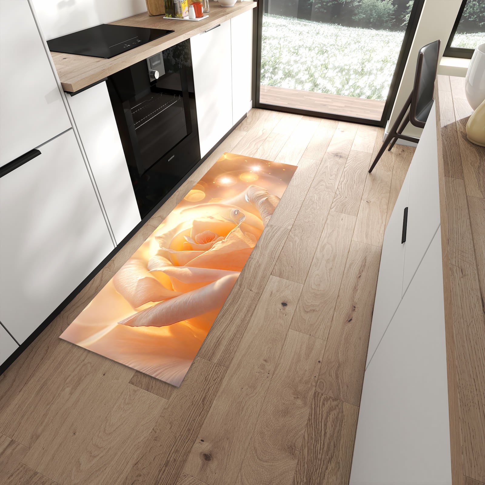 Farbbeständiger Küchenläufer mit Motiv Leuchtende Blüte in moderner Küche zum Waschen