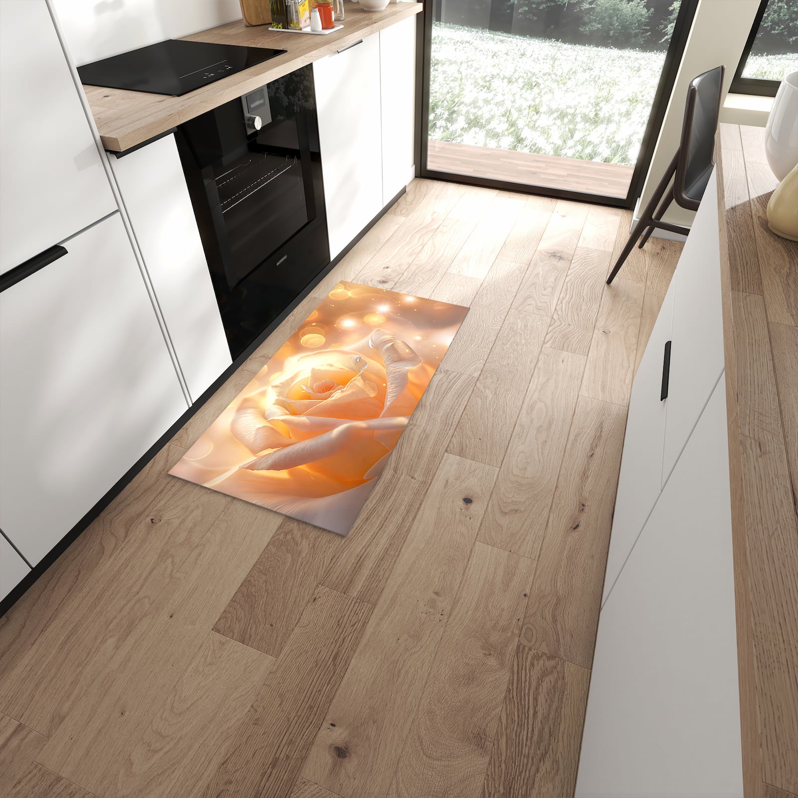 Ordnungsschaffender Küchenläufer mit Motiv Leuchtende Blüte in moderner Küche #grösse_60 x 120 cm