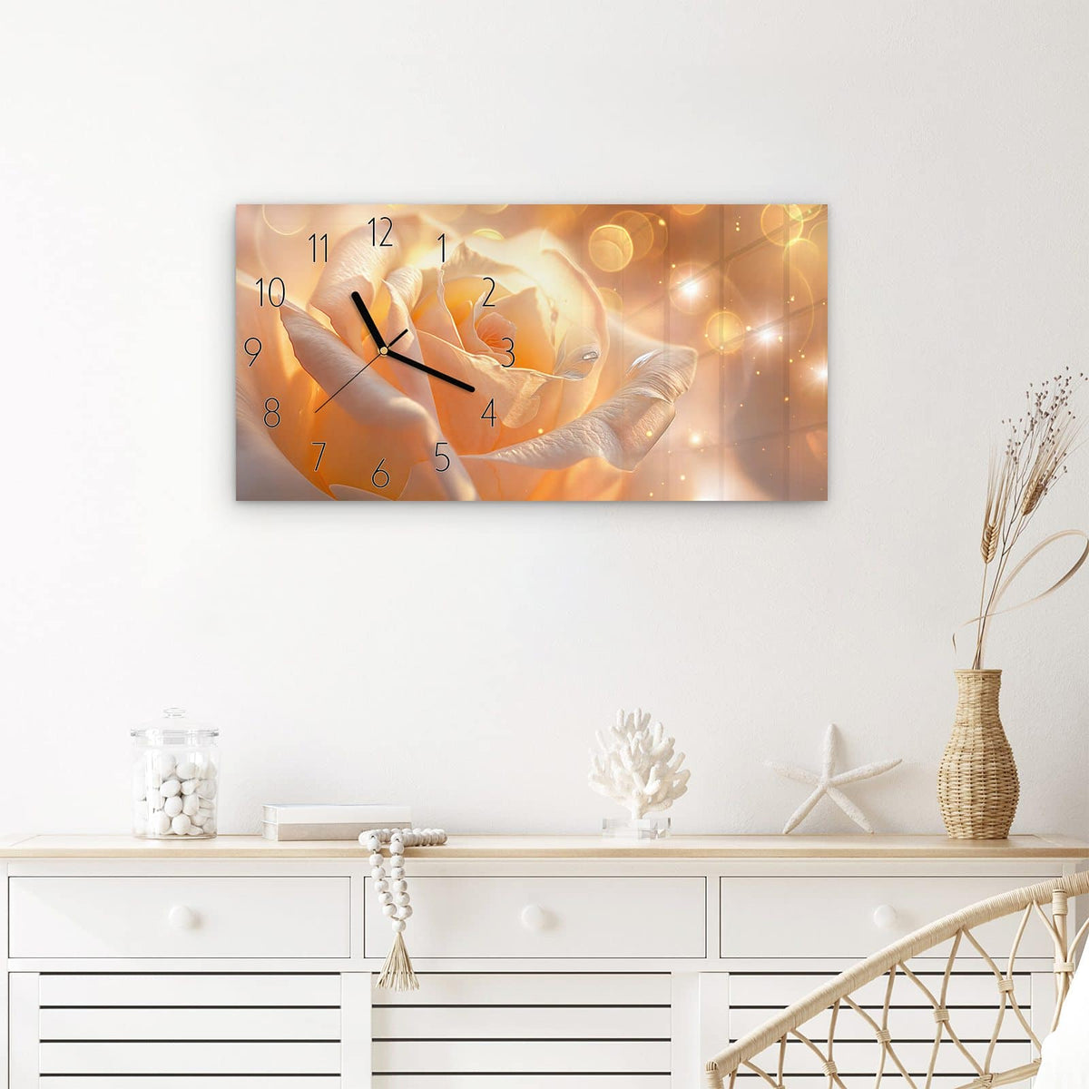 Wanduhr Leuchtende Blüte aus Glas – Querformat 60 × 30 cm – Zarte Rose im Lichterglanz