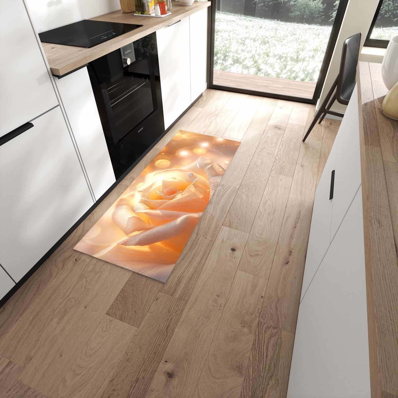 Bodenschonender Küchenläufer nach Maß mit Motiv Leuchtende Blüte in moderner Küche #grösse_60 x 150 cm