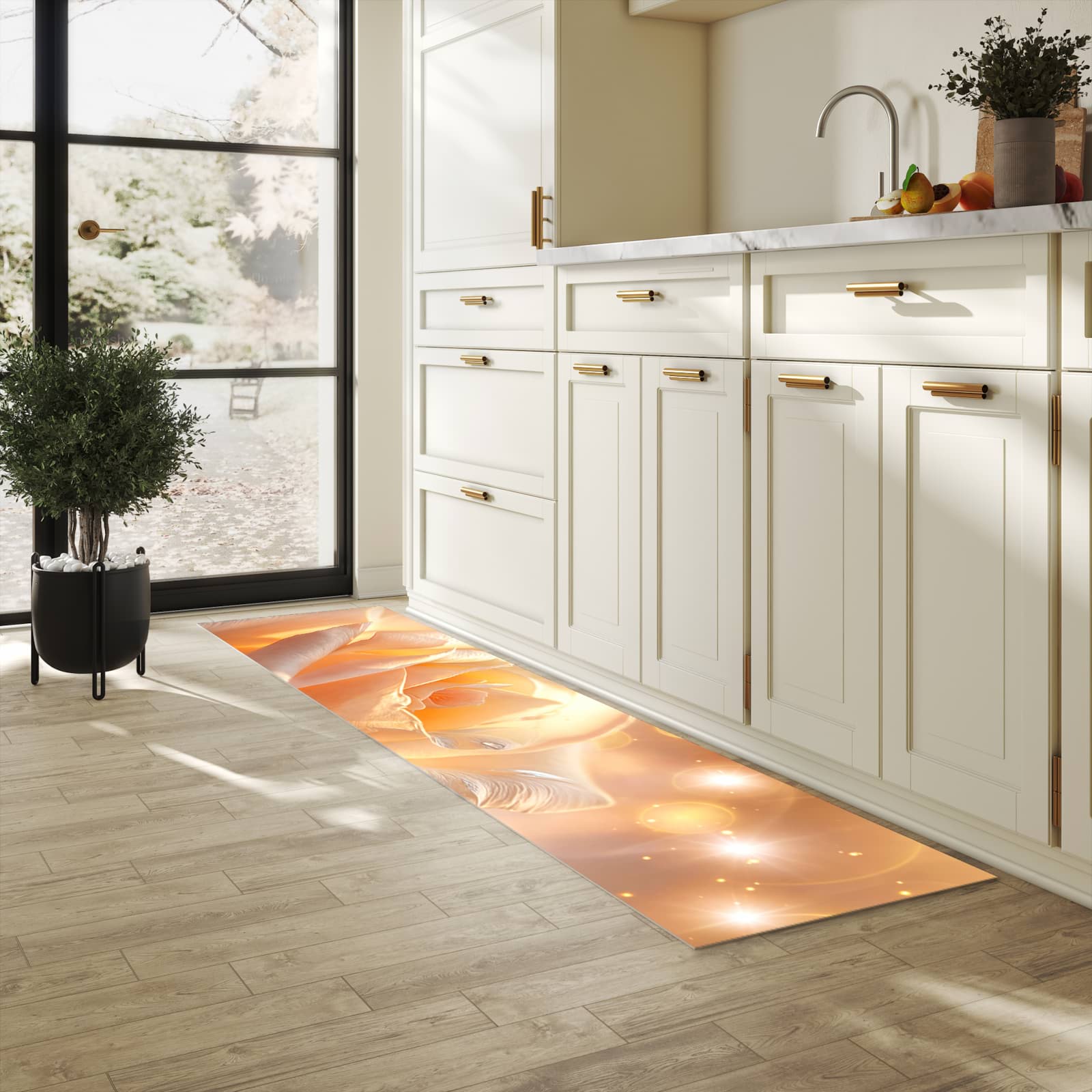 Waschbarer Küchenteppich mit Motiv Leuchtende Blüte für Trittkomfort in heller Küche