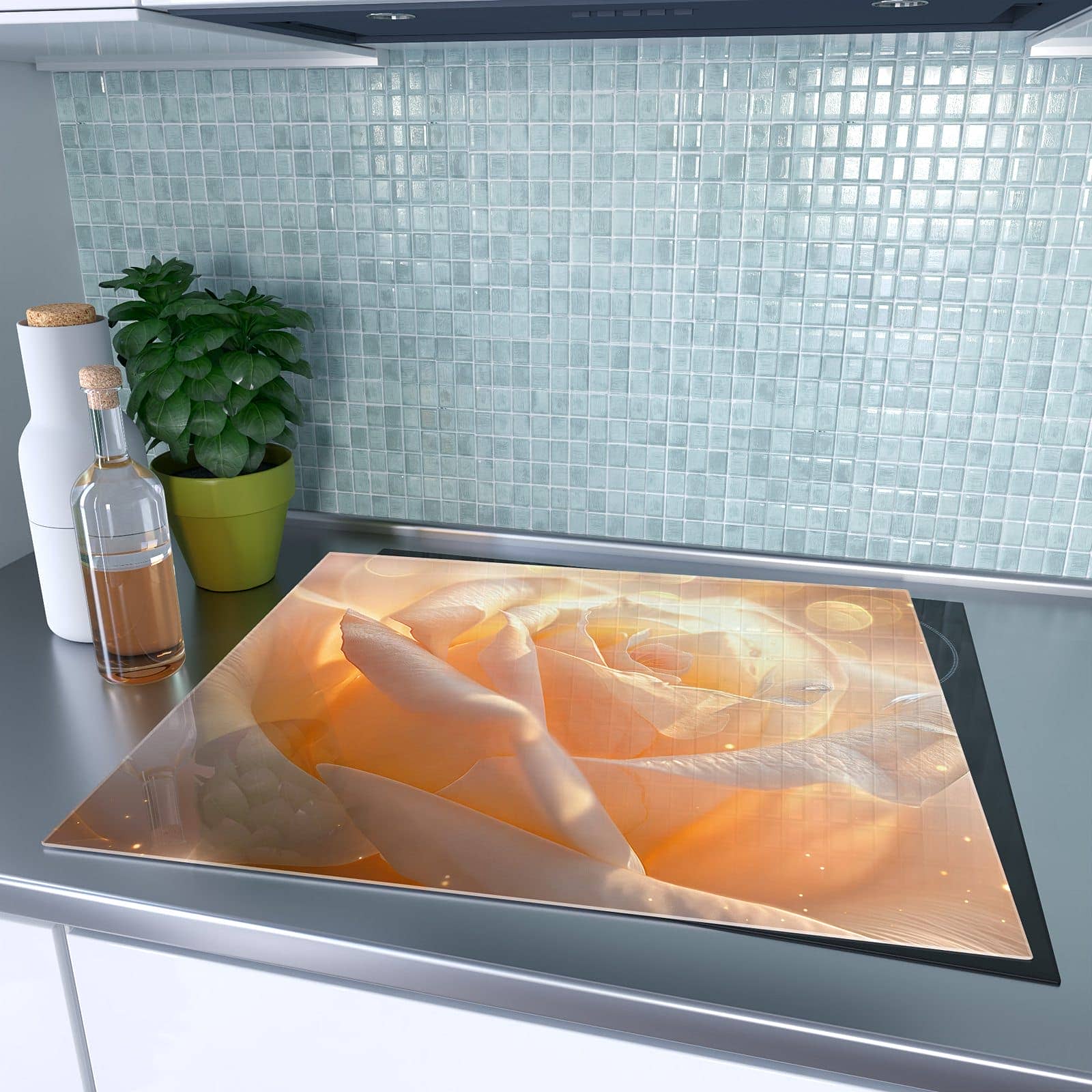 1-teilige Abdeckplatte für Induktionsherd mit Leuchtende Blüte-Motiv auf dem Ceranfeld