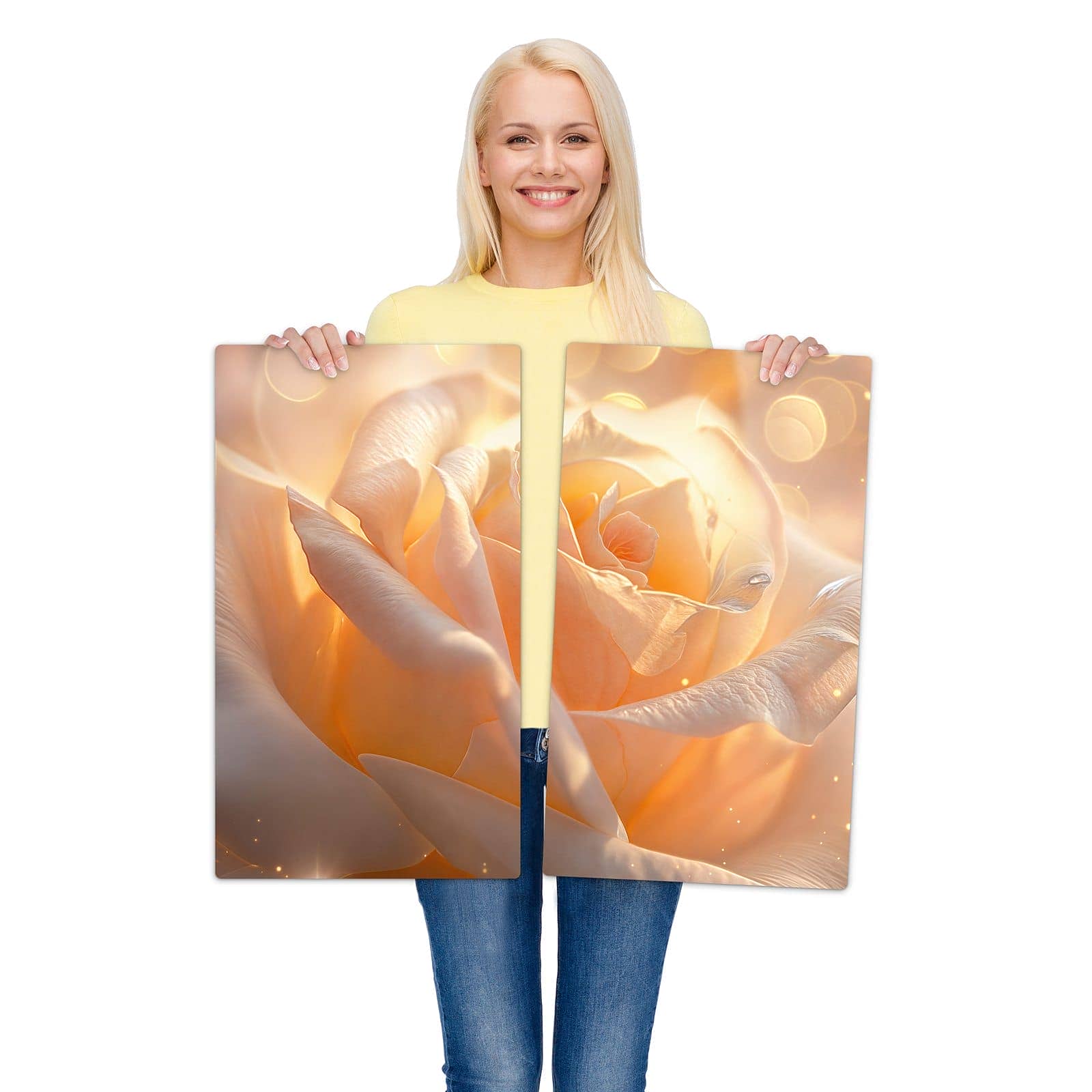 2-teilige Herdabdeckplatten für Ceranfeld mit Leuchtende Blüte-Motiv wird zur Größendarstellung gehalten