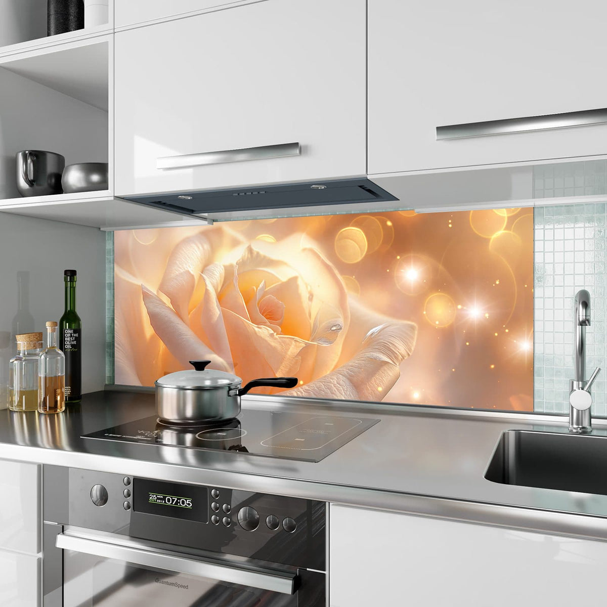 Küchenrückwand aus Glas Apricotfarbene Rose im Hochformat als Spritzschutz hinter dem Kochfeld, über dem Fliesenspiegel montiert