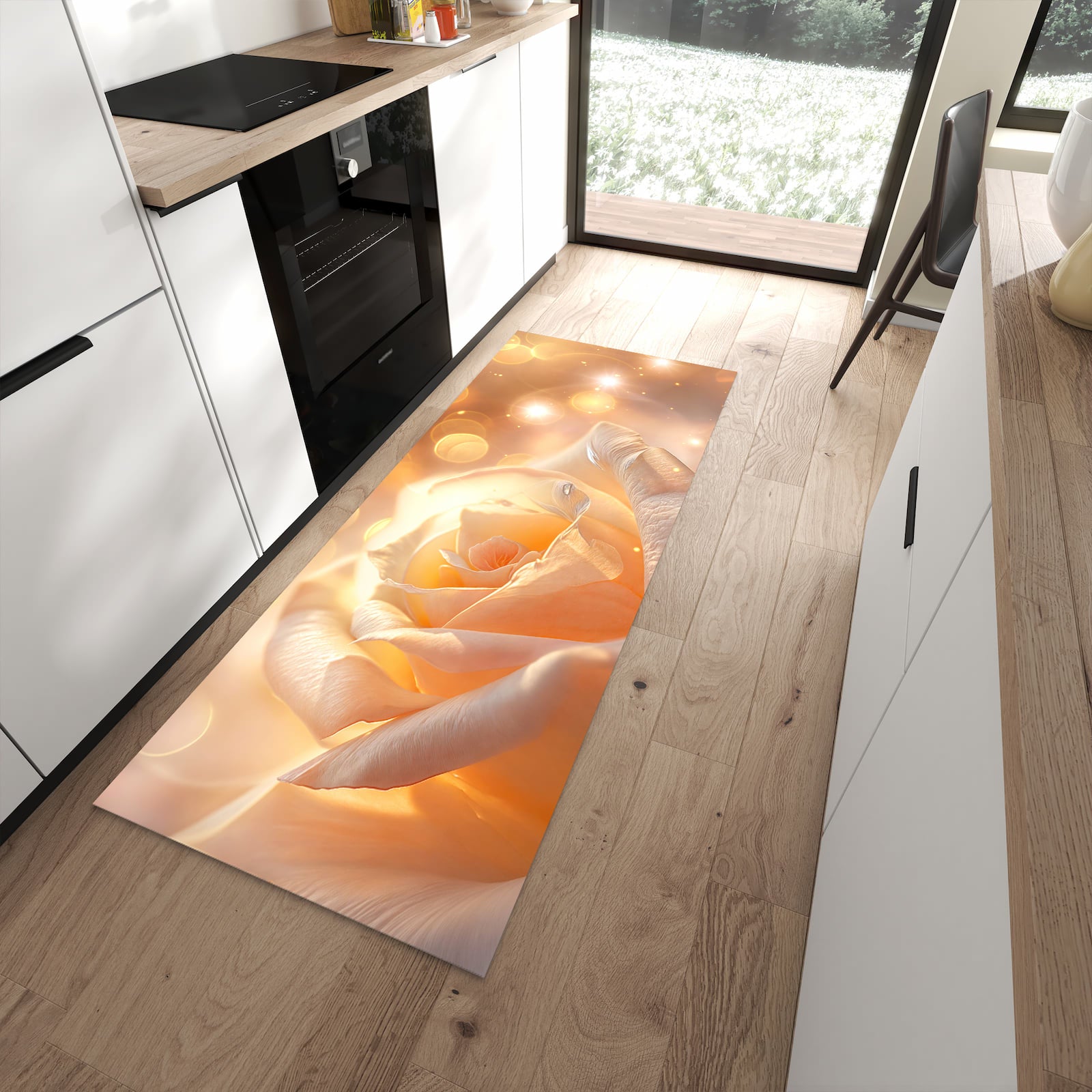 Abriebfester Küchenteppich mit Motiv Leuchtende Blüte in moderner Küche