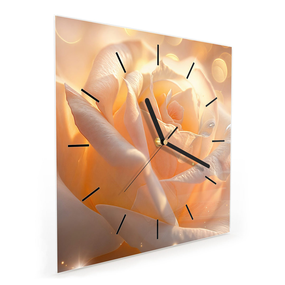 Quadratische Wanduhr aus Glas Apricotfarbene Rose schräg von der Seite, 4 mm starkes Glas