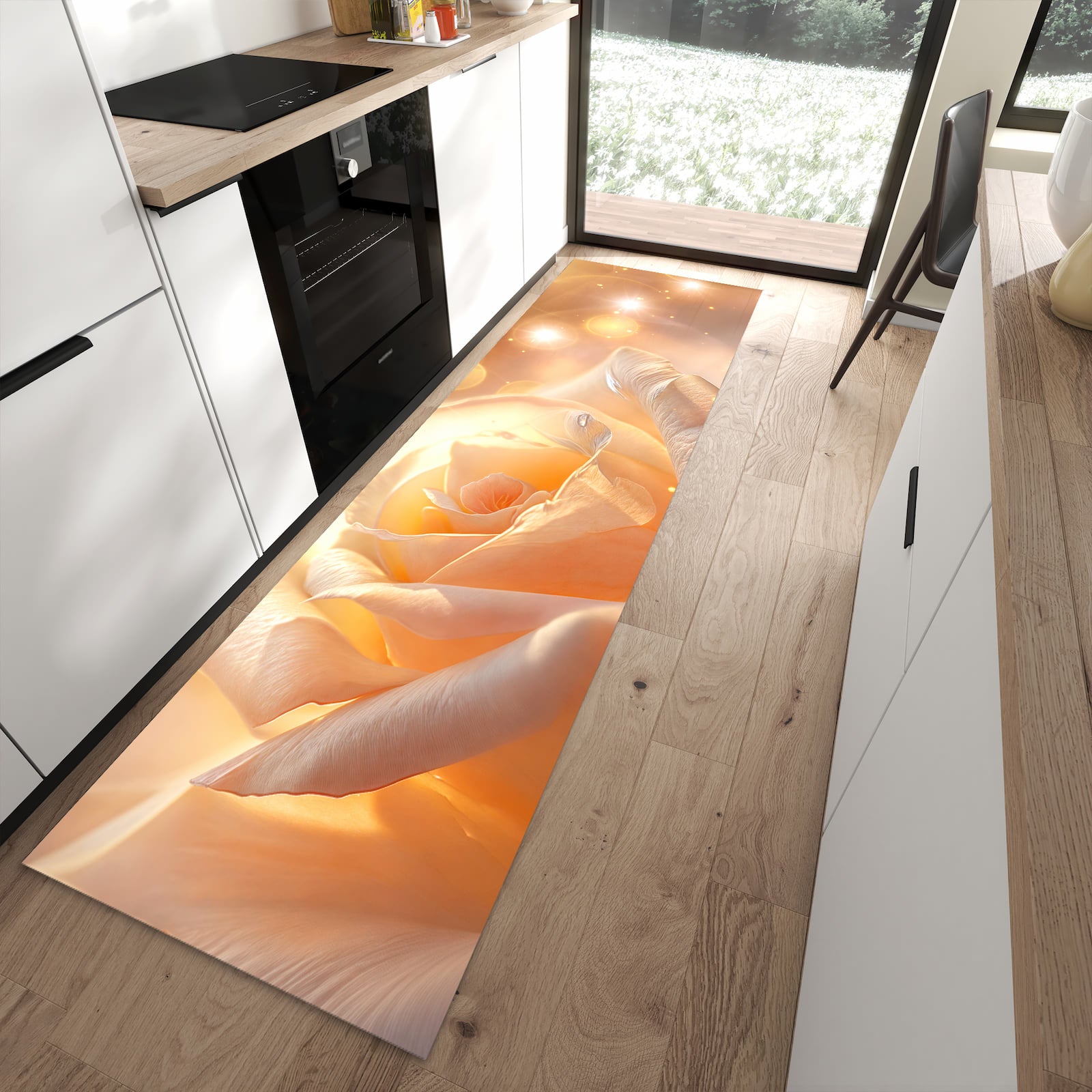 Komfortabler Küchenteppich mit Motiv Leuchtende Blüte in moderner Küche