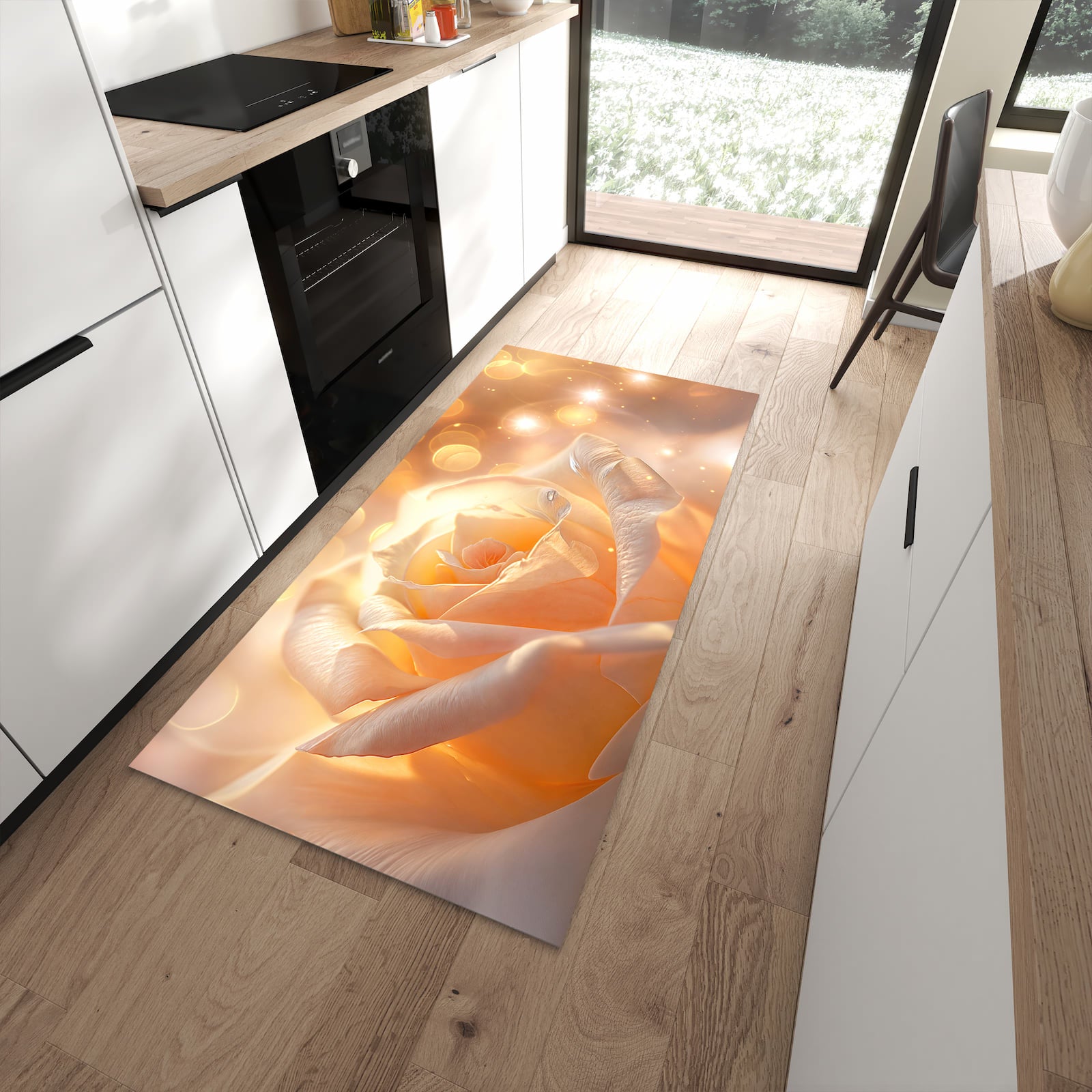 Fleckenresistenter Küchenteppich mit Motiv Leuchtende Blüte in moderner Küche