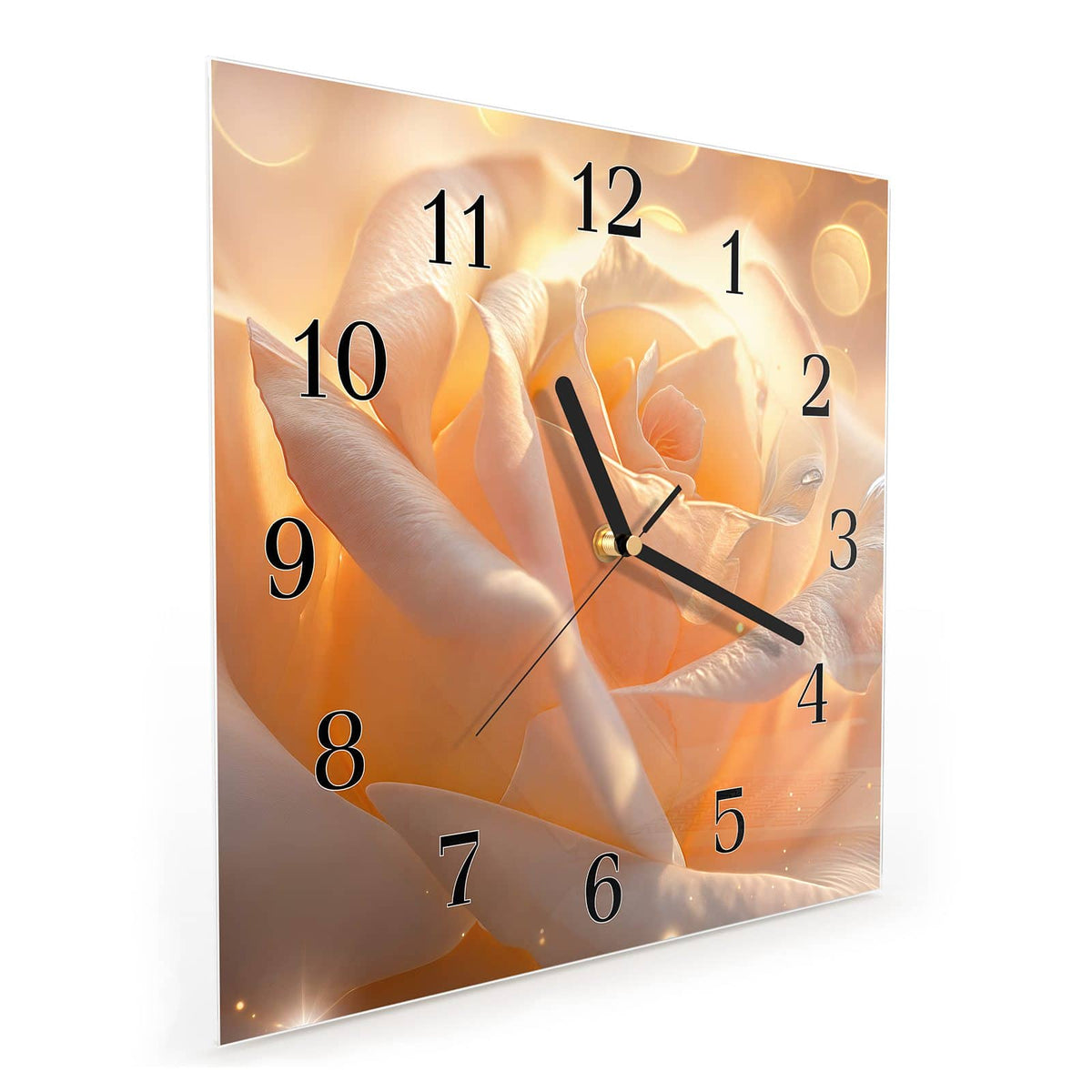 Quadratische Wanduhr aus Glas Apricotfarbene Rose schräg von der Seite, 4 mm starkes Glas