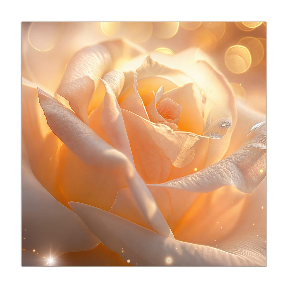 Cremeweiße bis apricotfarbene Rosenblüte in warmem Licht mit goldenen Lichtpunkten.