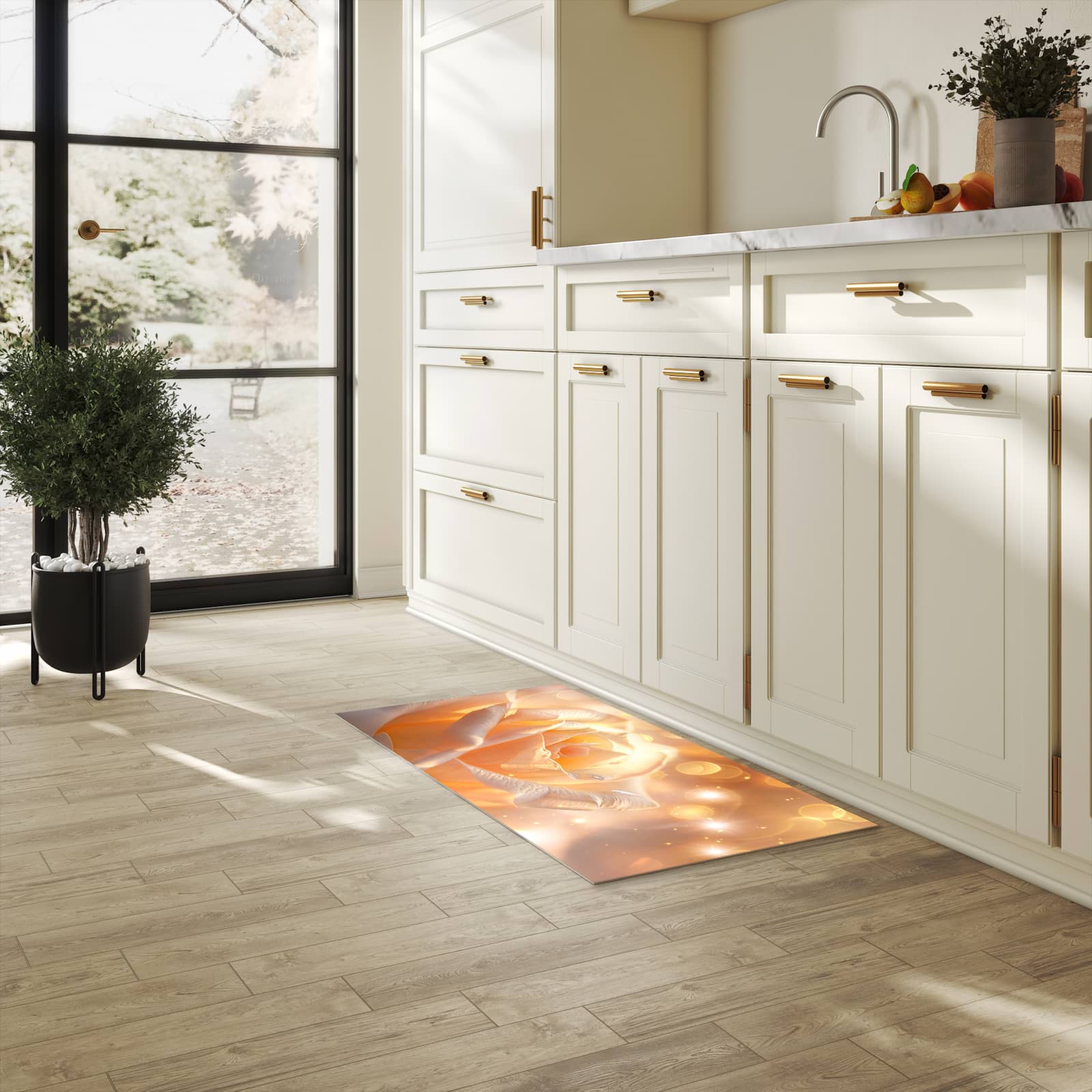 Zeitsparender Läufer Küche mit Motiv Leuchtende Blüte in heller Küche