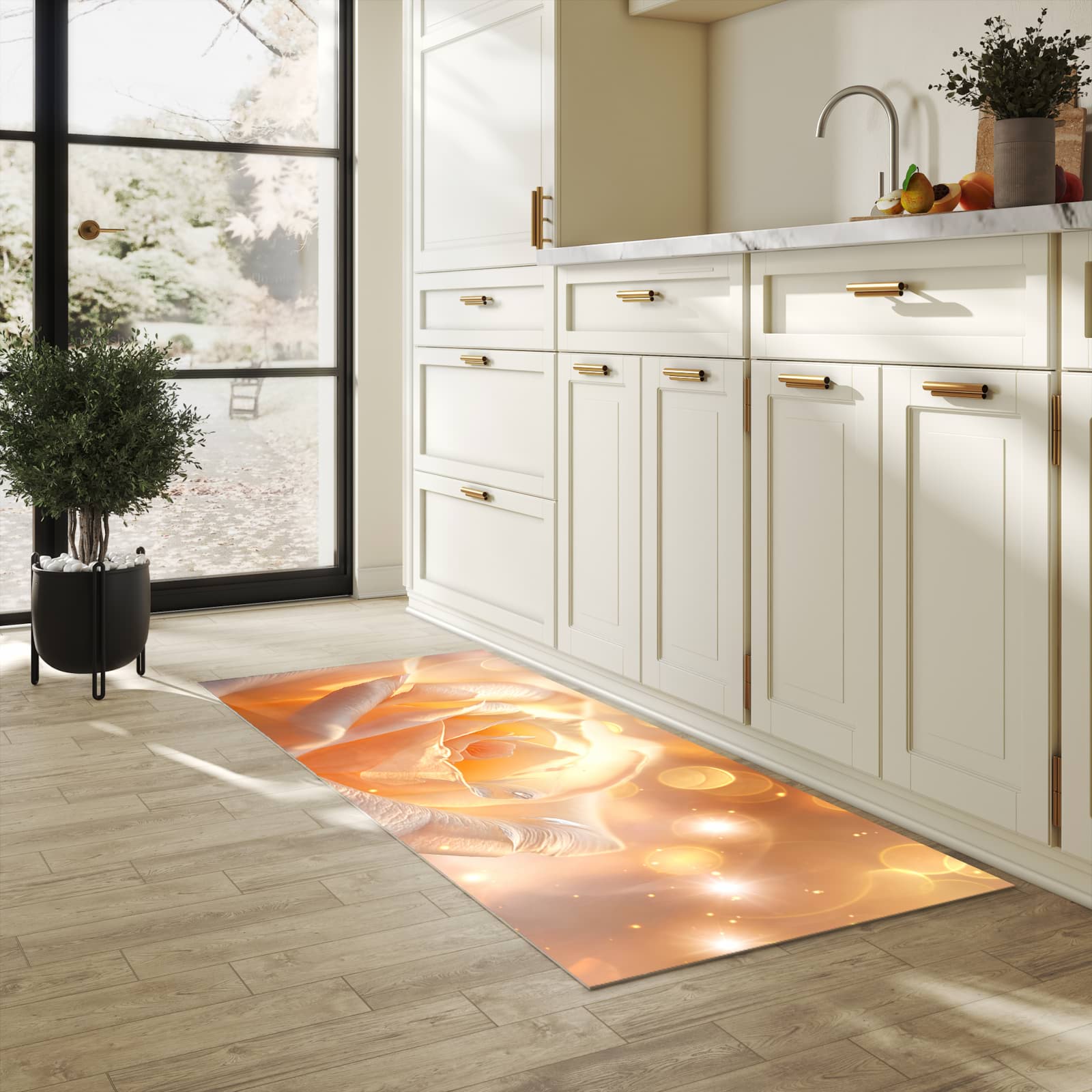 Schmutzabweisender Teppichläufer mit Motiv Leuchtende Blüte in heller Küche