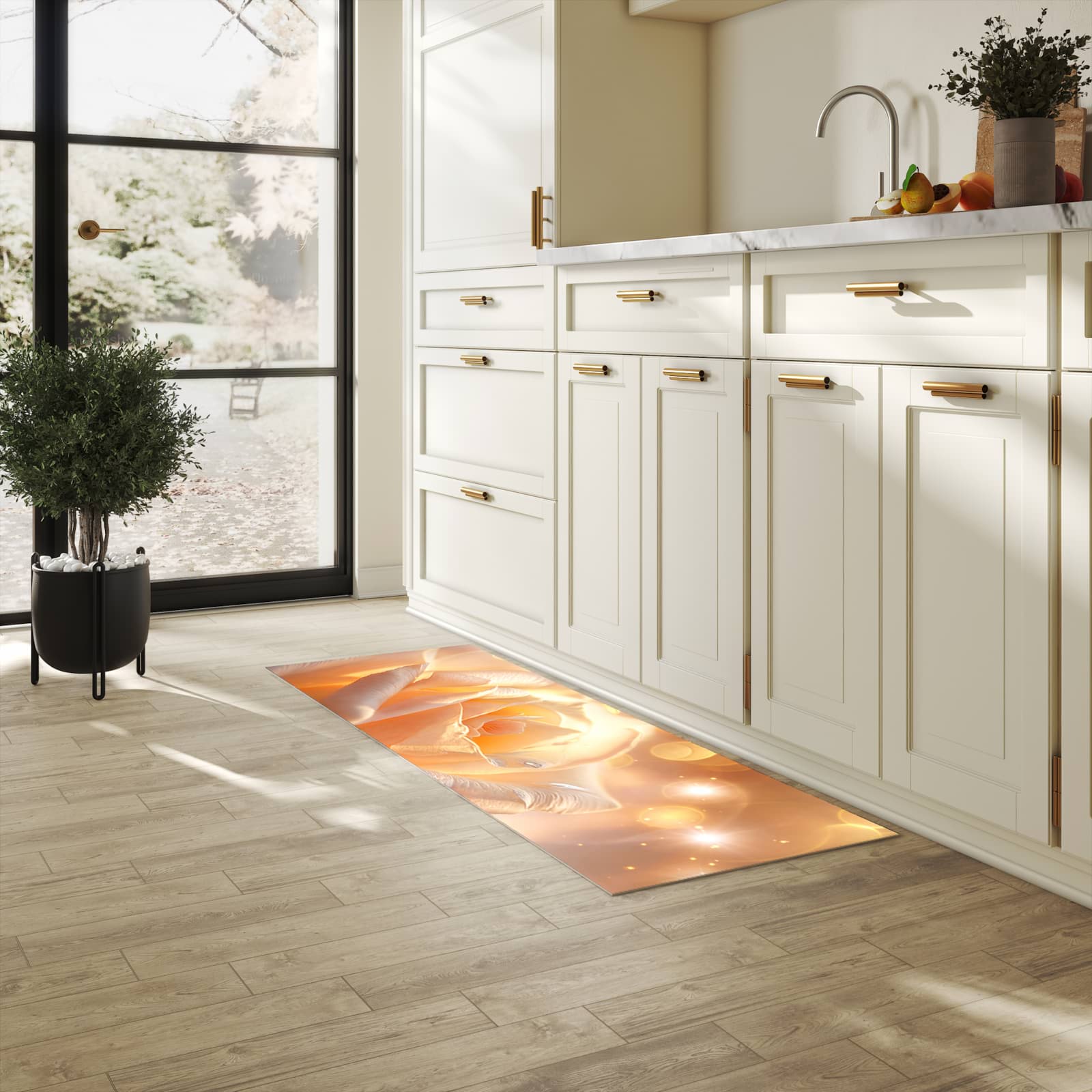 Abriebfester Küchenläufer mit Motiv Leuchtende Blüte in heller Küche