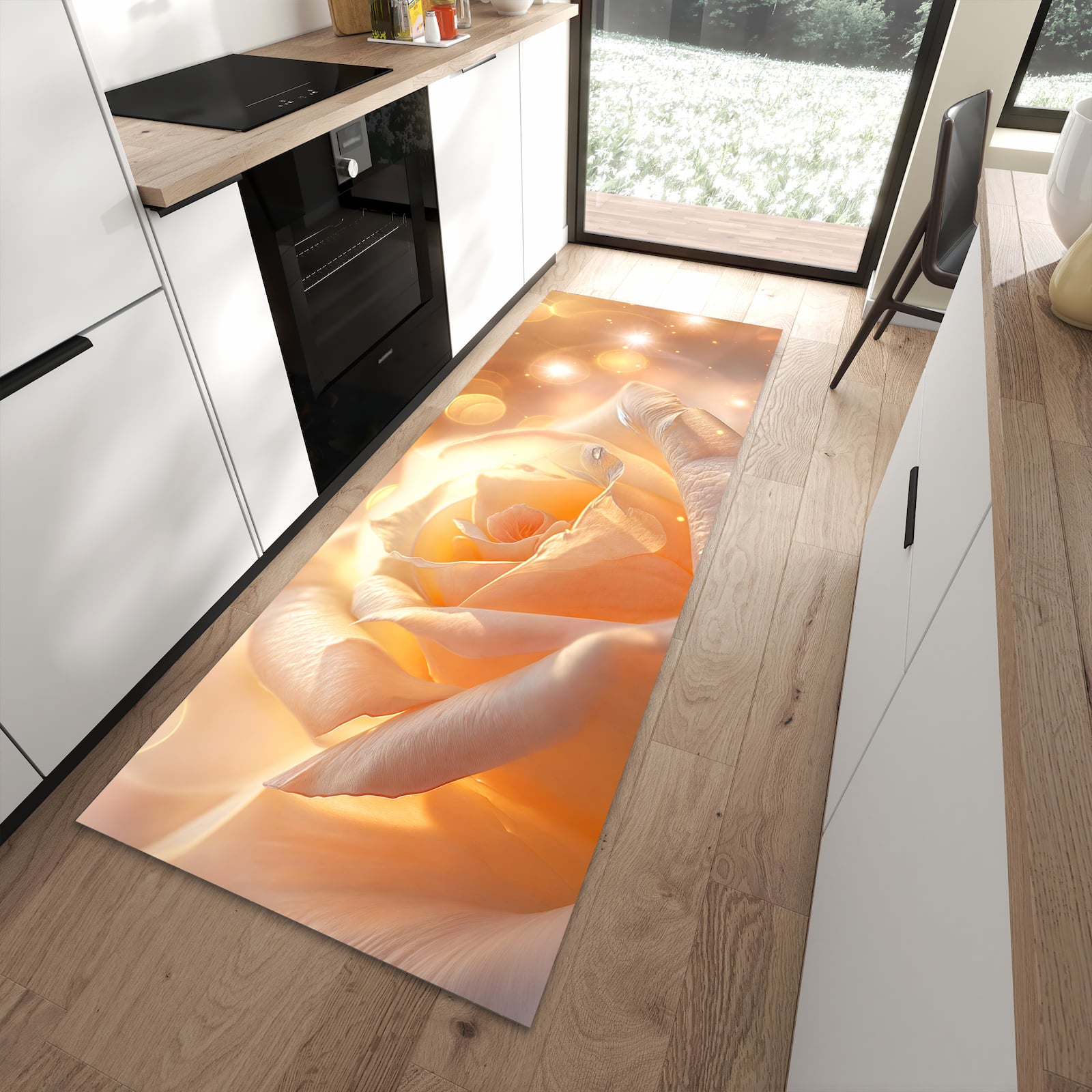 Schmutzabweisender Küchenteppich mit Motiv Leuchtende Blüte in moderner Küche