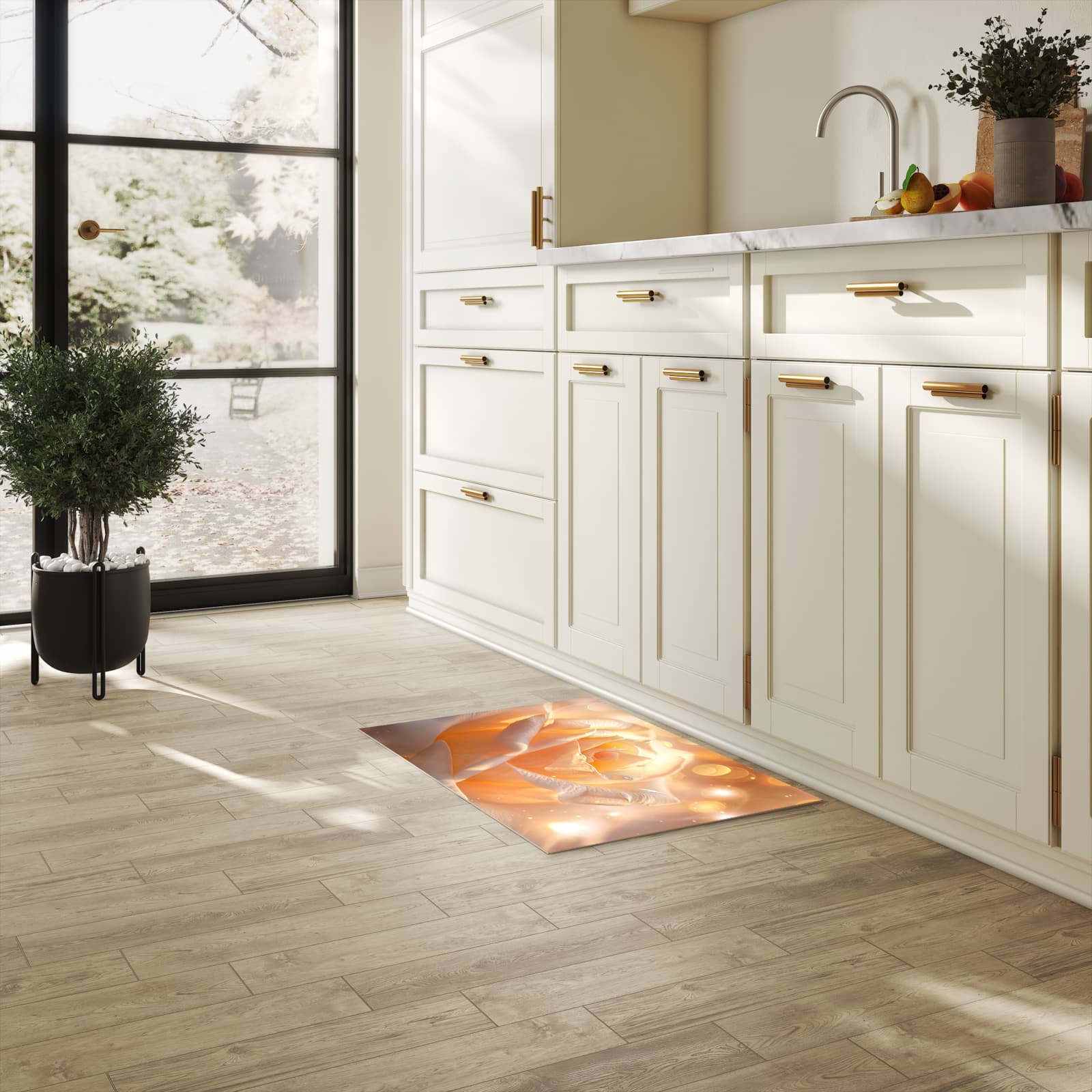 Fleckenresistenter Küchenläufer mit Motiv Leuchtende Blüte in heller Küche