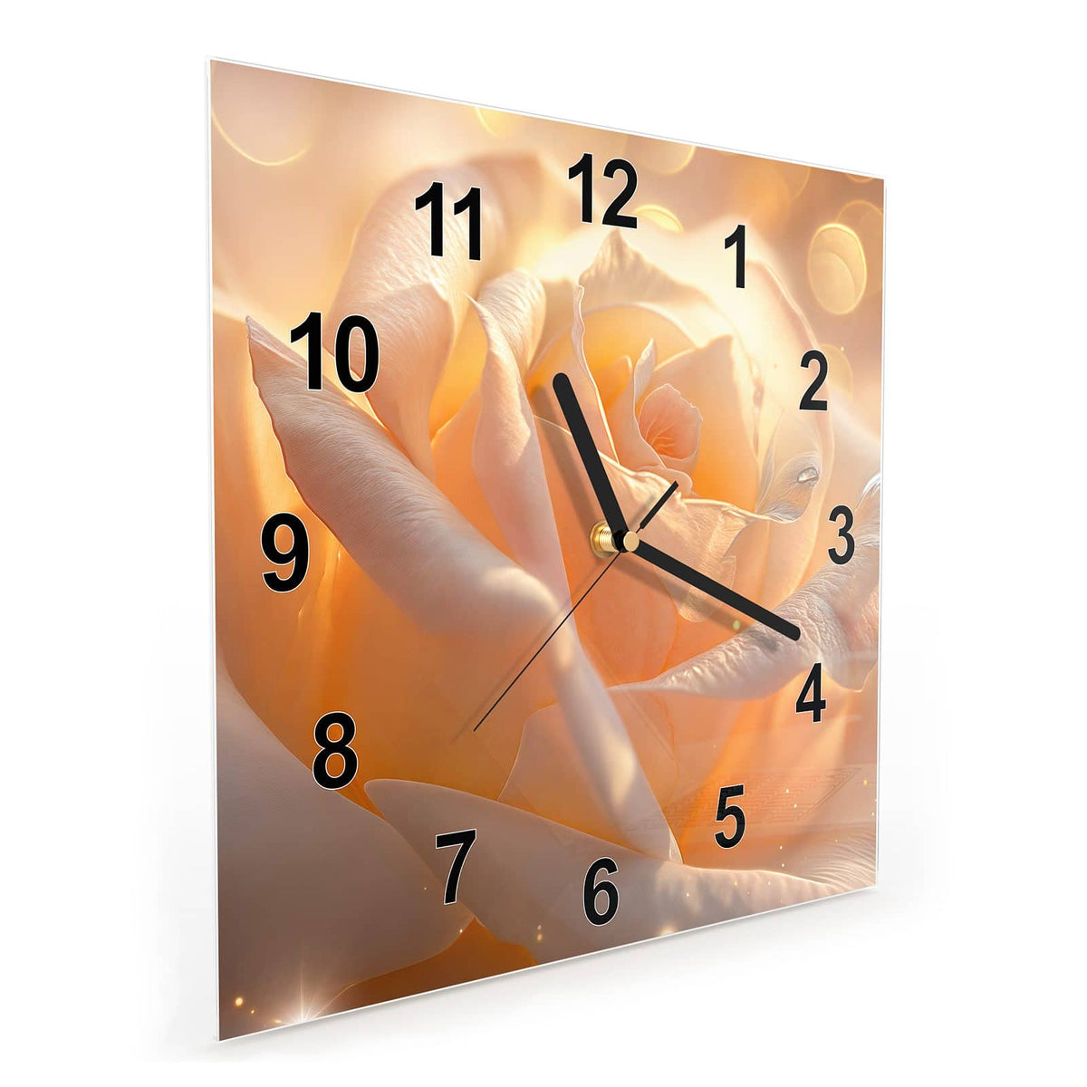 Quadratische Wanduhr aus Glas Apricotfarbene Rose schräg von der Seite, 4 mm starkes Glas