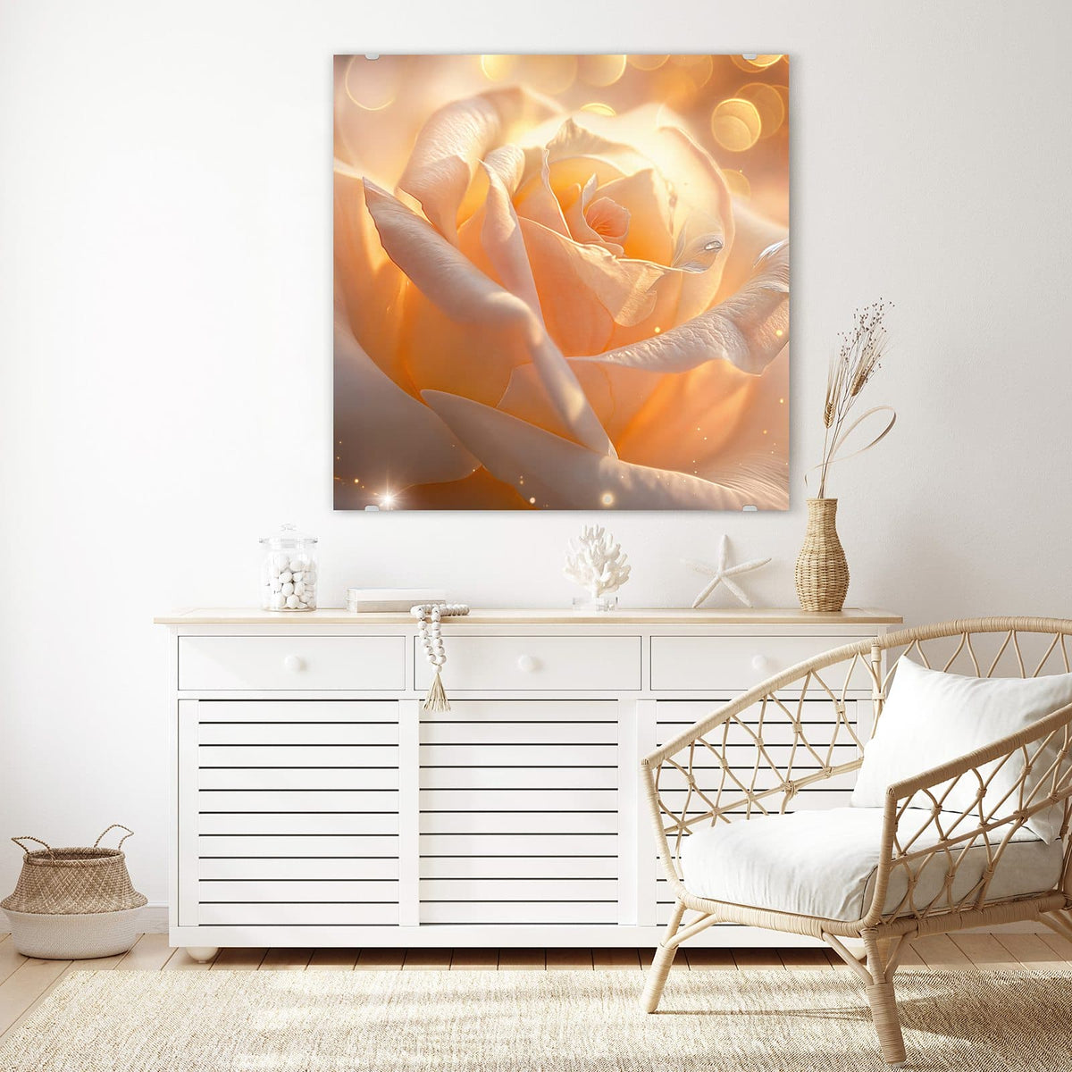 Glasbild Apricotfarbene Rose an der Wand – Cremeweiße bis apricotfarbene Rosenblüte in warmem Licht mit goldenen Lichtpunkten.