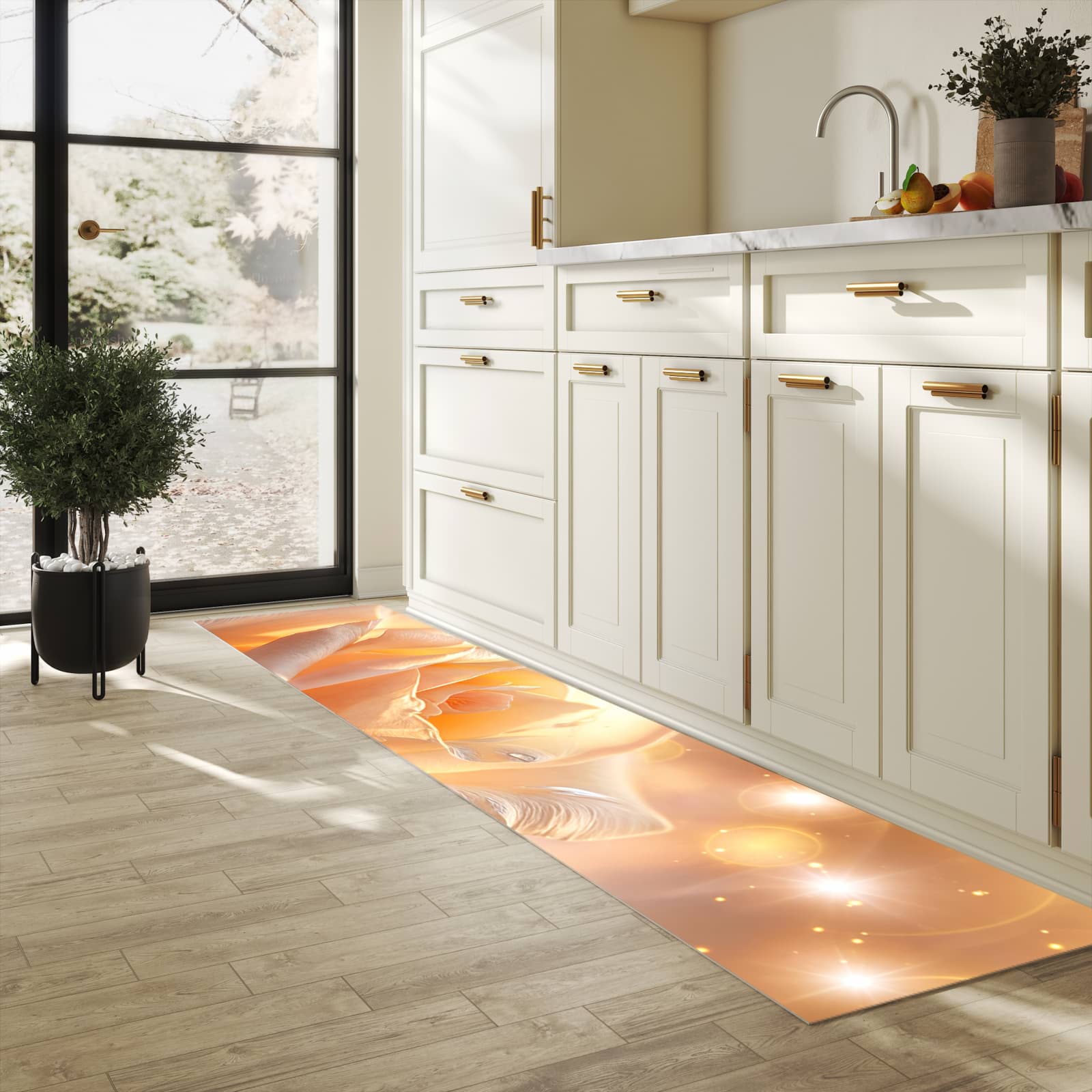 Wasserabweisender Küchenläufer mit Motiv Leuchtende Blüte in heller Küche