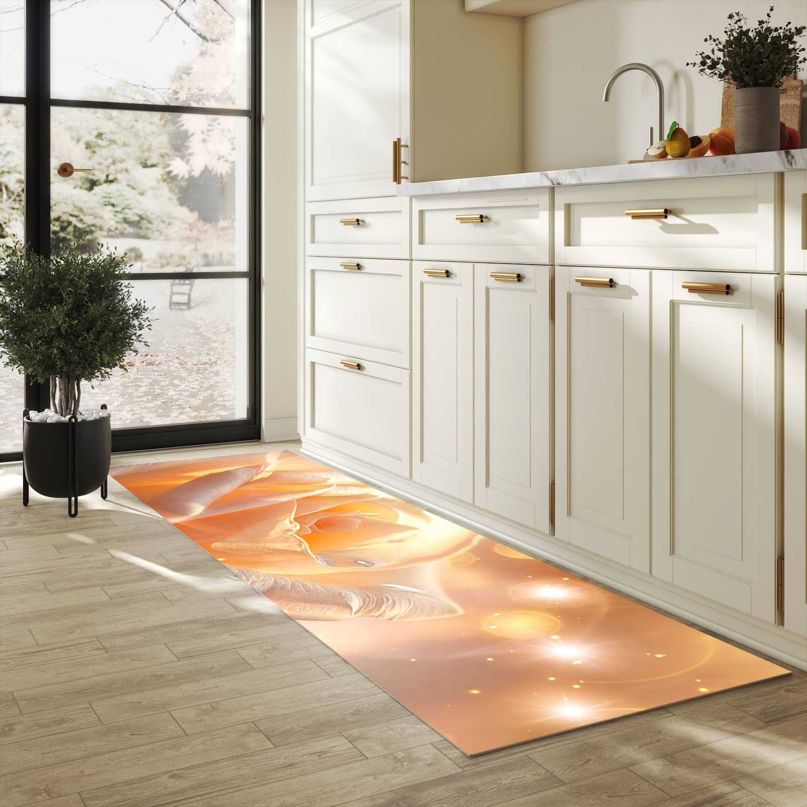 Langlebiger waschbarer Küchenläufer mit Motiv Leuchtende Blüte in heller Küche